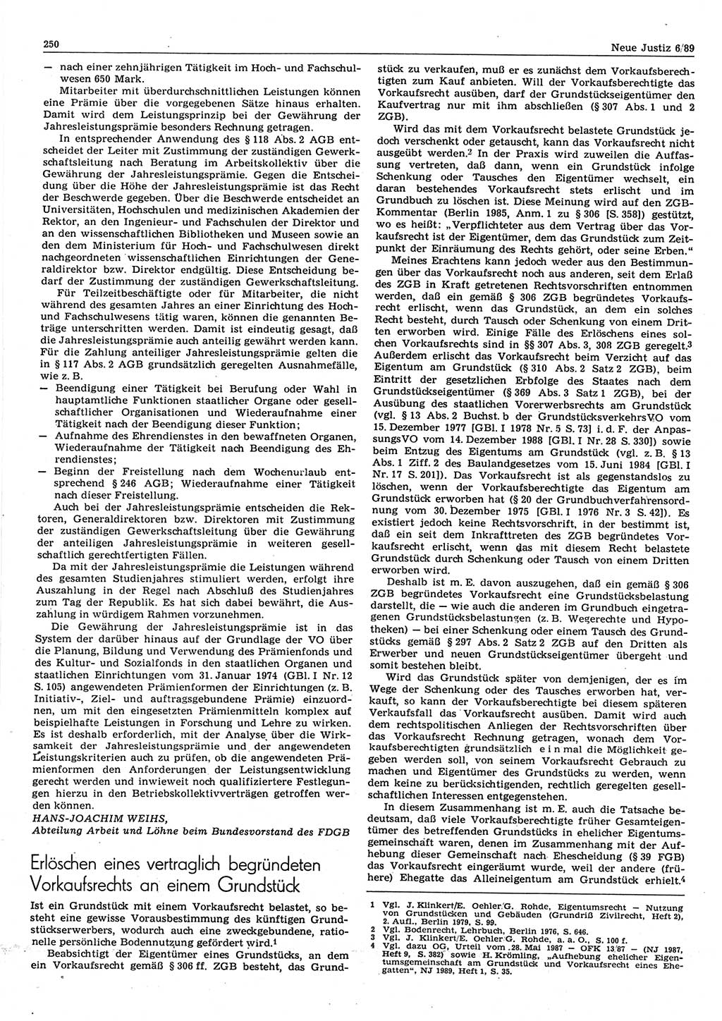 Neue Justiz (NJ), Zeitschrift für sozialistisches Recht und Gesetzlichkeit [Deutsche Demokratische Republik (DDR)], 43. Jahrgang 1989, Seite 250 (NJ DDR 1989, S. 250)