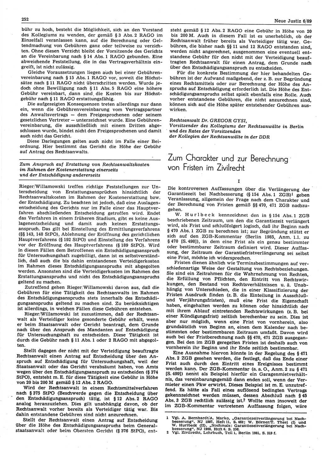 Neue Justiz (NJ), Zeitschrift für sozialistisches Recht und Gesetzlichkeit [Deutsche Demokratische Republik (DDR)], 43. Jahrgang 1989, Seite 252 (NJ DDR 1989, S. 252)