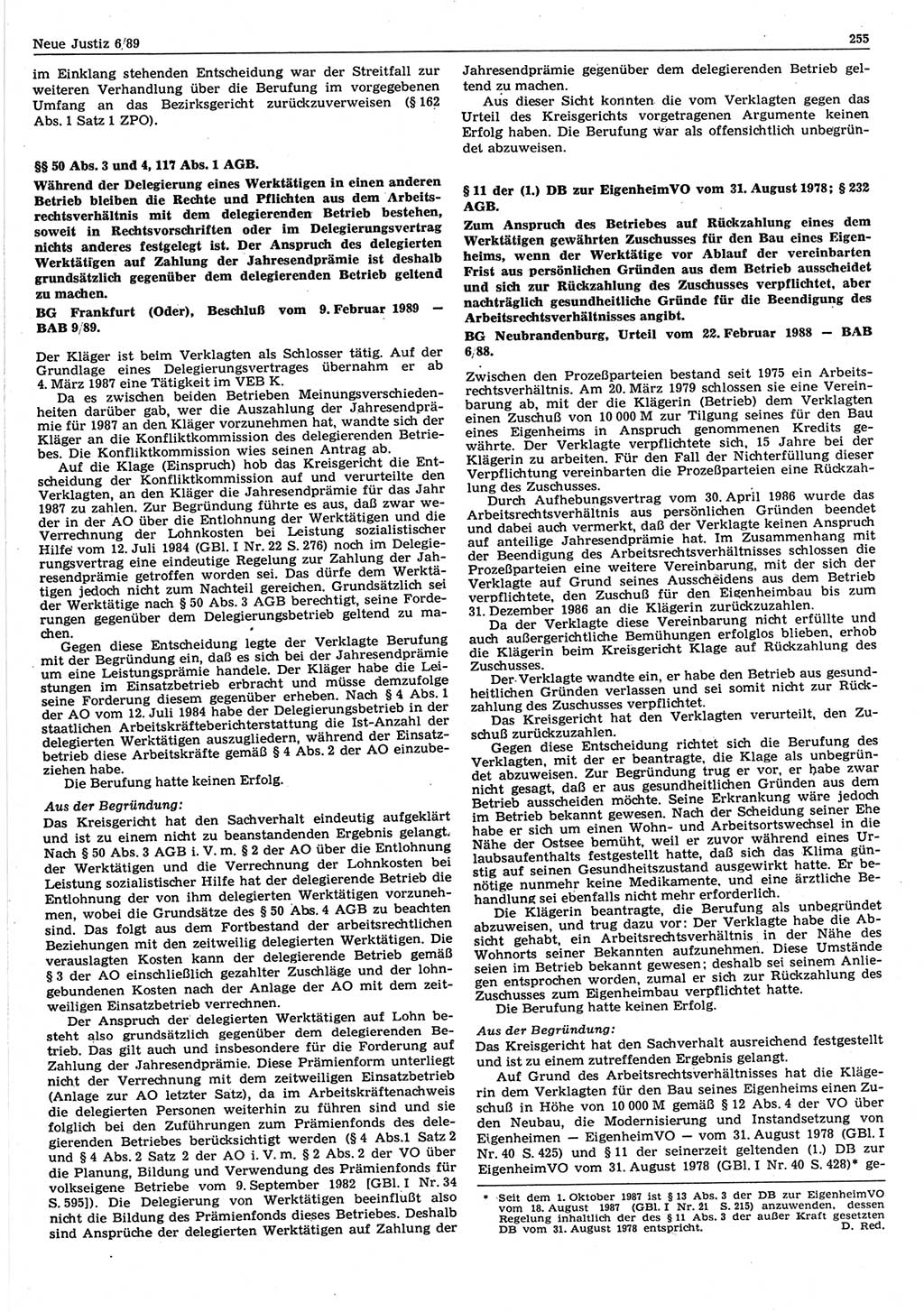 Neue Justiz (NJ), Zeitschrift für sozialistisches Recht und Gesetzlichkeit [Deutsche Demokratische Republik (DDR)], 43. Jahrgang 1989, Seite 255 (NJ DDR 1989, S. 255)