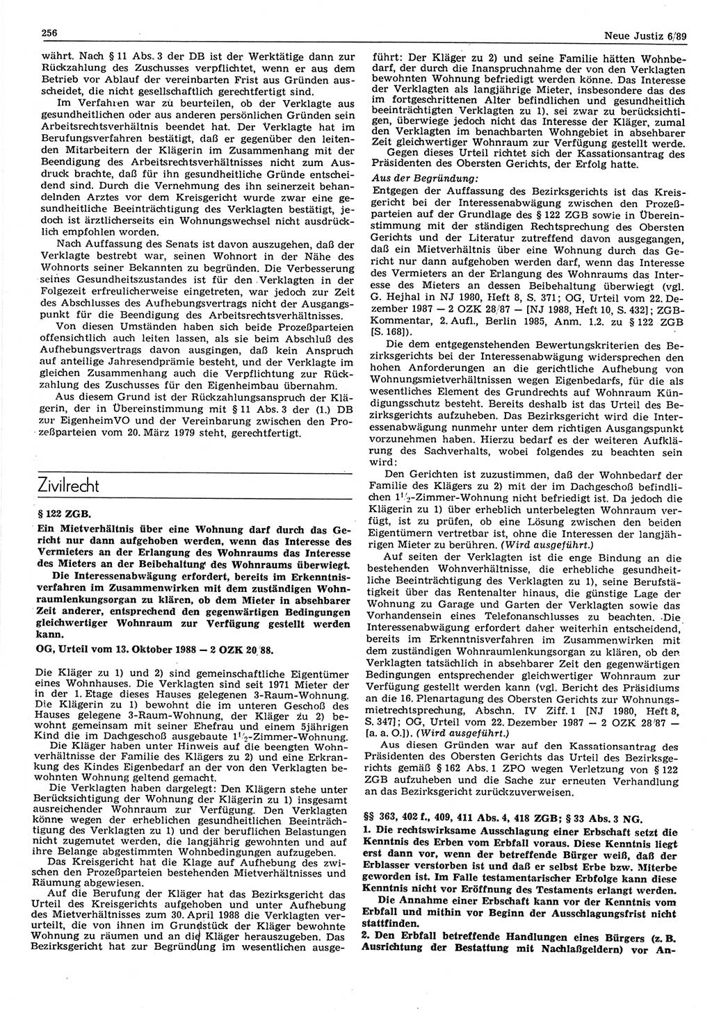 Neue Justiz (NJ), Zeitschrift für sozialistisches Recht und Gesetzlichkeit [Deutsche Demokratische Republik (DDR)], 43. Jahrgang 1989, Seite 256 (NJ DDR 1989, S. 256)