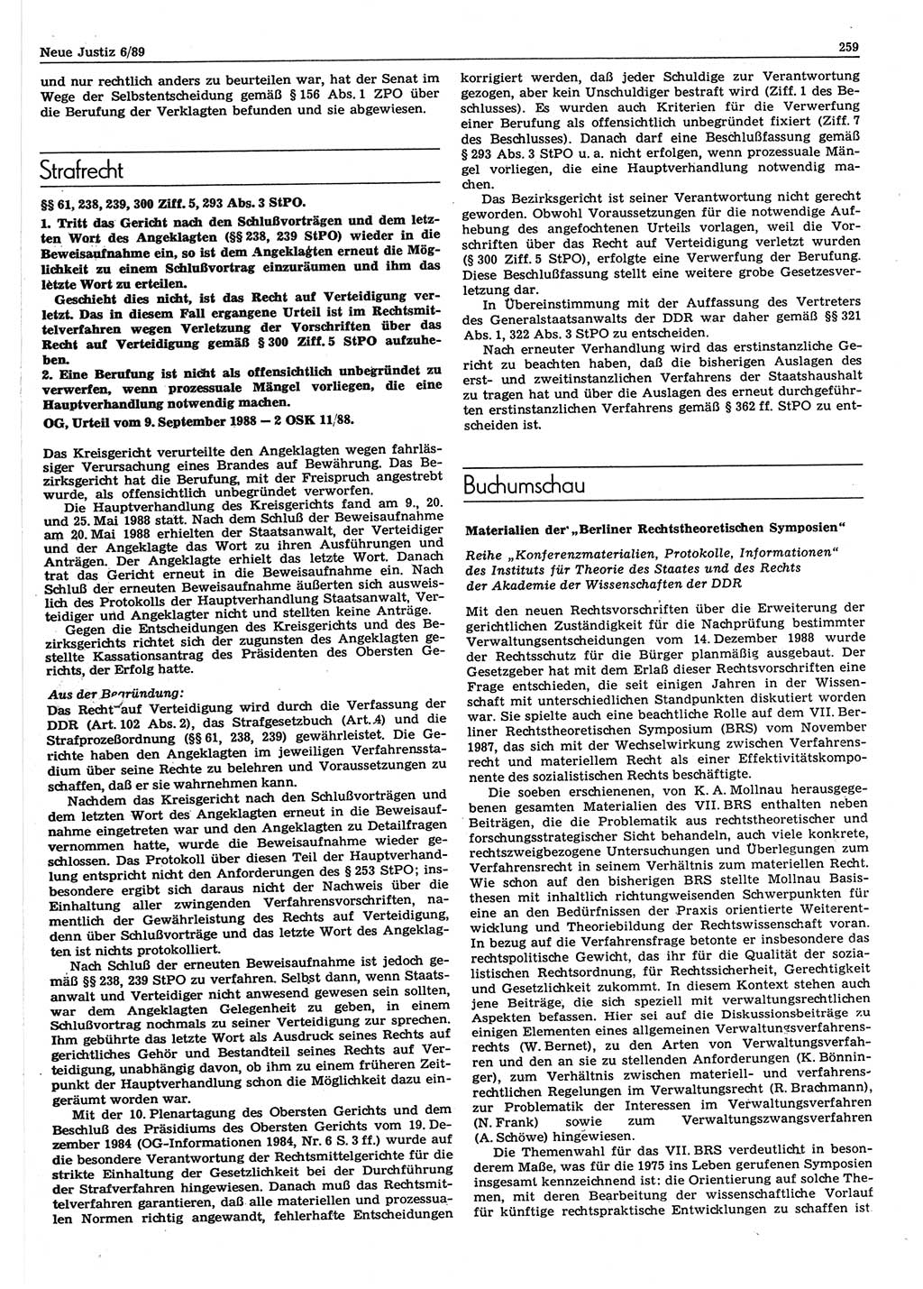 Neue Justiz (NJ), Zeitschrift für sozialistisches Recht und Gesetzlichkeit [Deutsche Demokratische Republik (DDR)], 43. Jahrgang 1989, Seite 259 (NJ DDR 1989, S. 259)