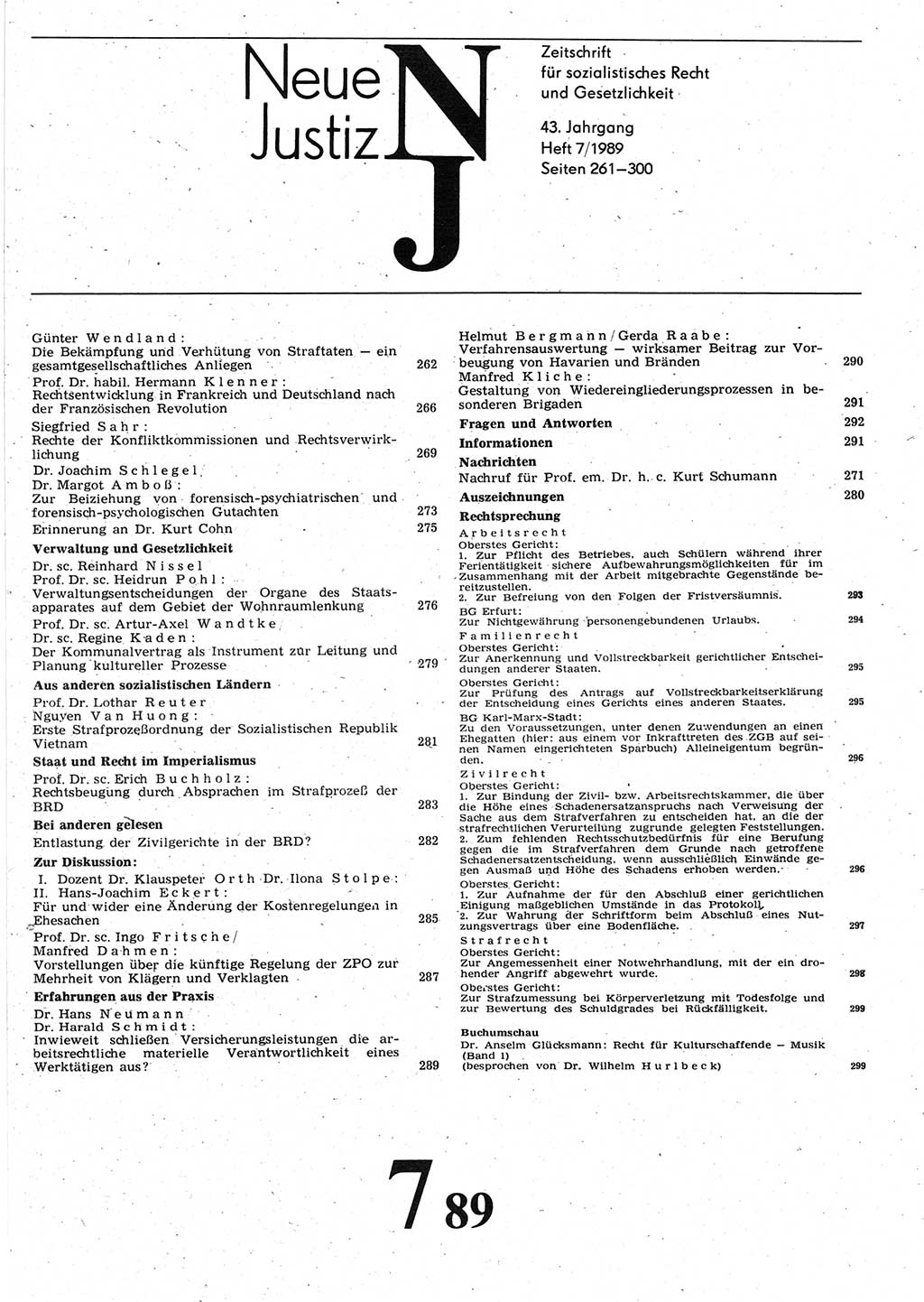 Neue Justiz (NJ), Zeitschrift für sozialistisches Recht und Gesetzlichkeit [Deutsche Demokratische Republik (DDR)], 43. Jahrgang 1989, Seite 261 (NJ DDR 1989, S. 261)