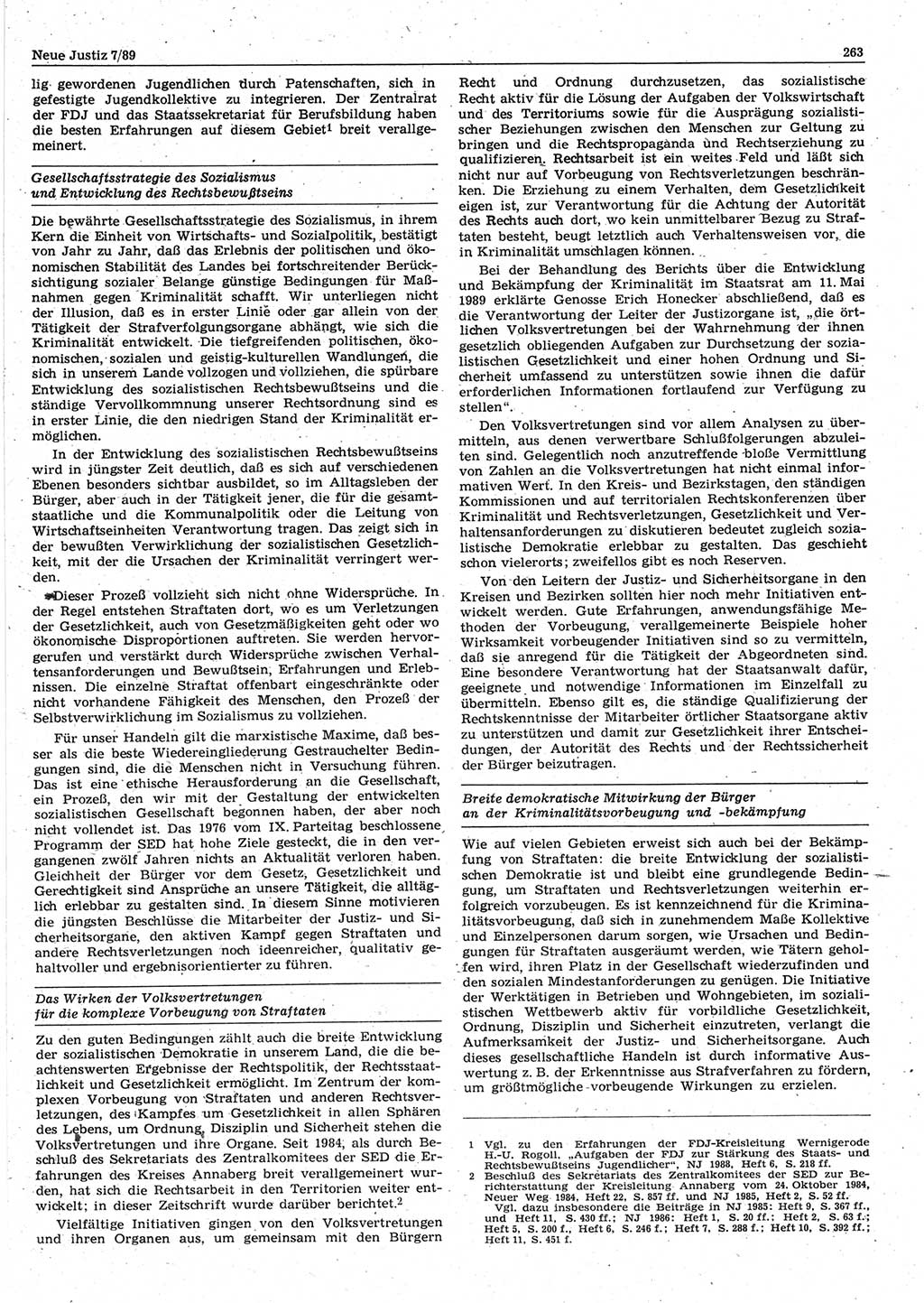 Neue Justiz (NJ), Zeitschrift für sozialistisches Recht und Gesetzlichkeit [Deutsche Demokratische Republik (DDR)], 43. Jahrgang 1989, Seite 263 (NJ DDR 1989, S. 263)