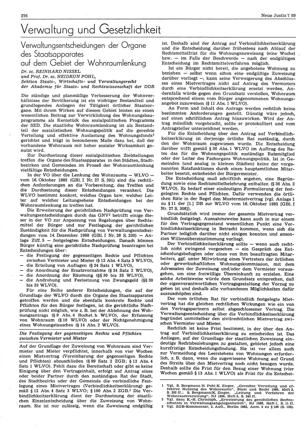 Neue Justiz (NJ), Zeitschrift für sozialistisches Recht und Gesetzlichkeit [Deutsche Demokratische Republik (DDR)], 43. Jahrgang 1989, Seite 276 (NJ DDR 1989, S. 276)