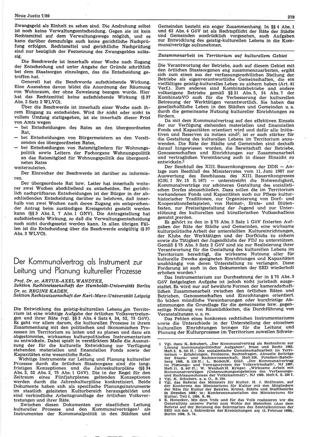 Neue Justiz (NJ), Zeitschrift für sozialistisches Recht und Gesetzlichkeit [Deutsche Demokratische Republik (DDR)], 43. Jahrgang 1989, Seite 279 (NJ DDR 1989, S. 279)