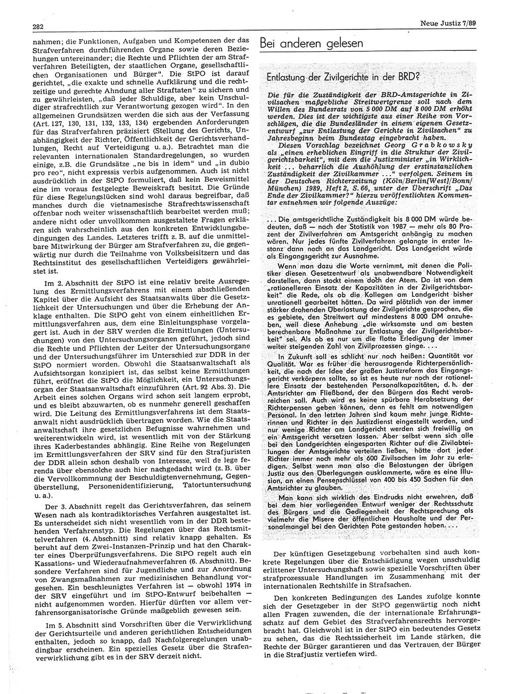 Neue Justiz (NJ), Zeitschrift für sozialistisches Recht und Gesetzlichkeit [Deutsche Demokratische Republik (DDR)], 43. Jahrgang 1989, Seite 282 (NJ DDR 1989, S. 282)