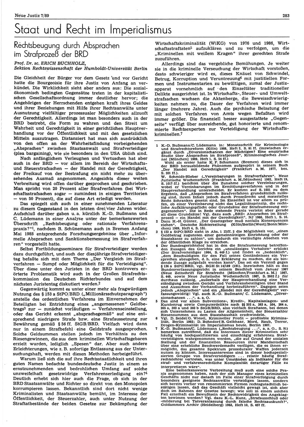 Neue Justiz (NJ), Zeitschrift für sozialistisches Recht und Gesetzlichkeit [Deutsche Demokratische Republik (DDR)], 43. Jahrgang 1989, Seite 283 (NJ DDR 1989, S. 283)