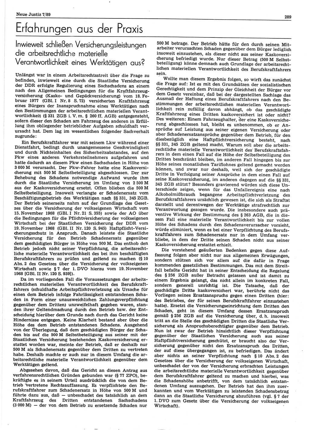 Neue Justiz (NJ), Zeitschrift für sozialistisches Recht und Gesetzlichkeit [Deutsche Demokratische Republik (DDR)], 43. Jahrgang 1989, Seite 289 (NJ DDR 1989, S. 289)