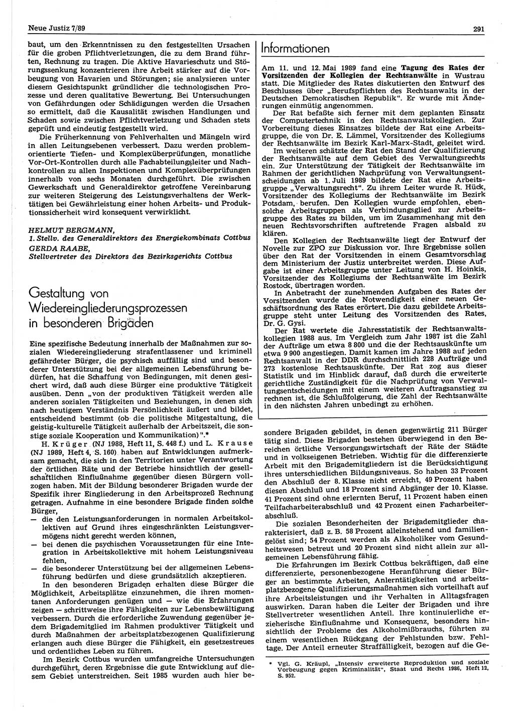 Neue Justiz (NJ), Zeitschrift für sozialistisches Recht und Gesetzlichkeit [Deutsche Demokratische Republik (DDR)], 43. Jahrgang 1989, Seite 291 (NJ DDR 1989, S. 291)