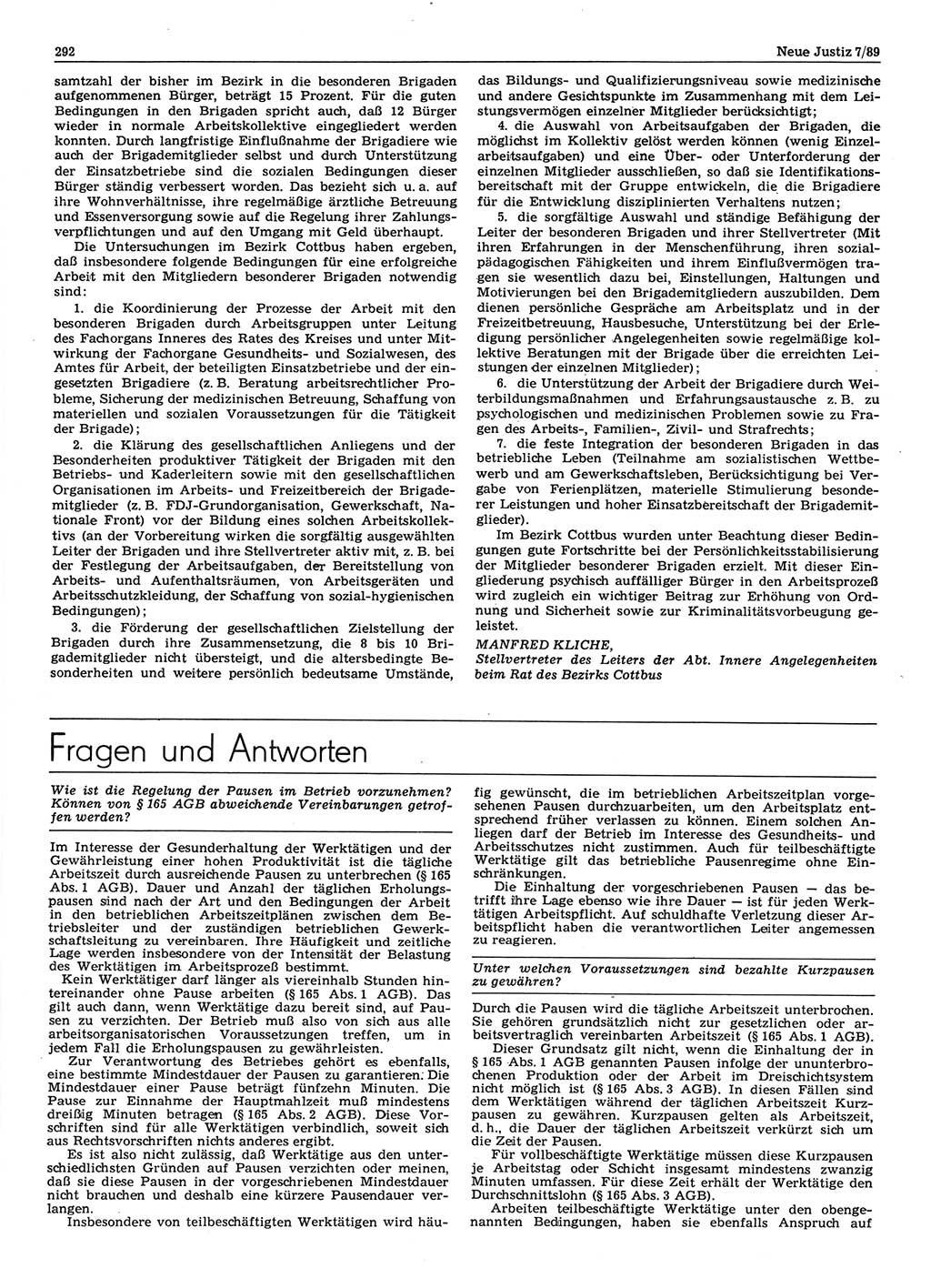 Neue Justiz (NJ), Zeitschrift für sozialistisches Recht und Gesetzlichkeit [Deutsche Demokratische Republik (DDR)], 43. Jahrgang 1989, Seite 292 (NJ DDR 1989, S. 292)