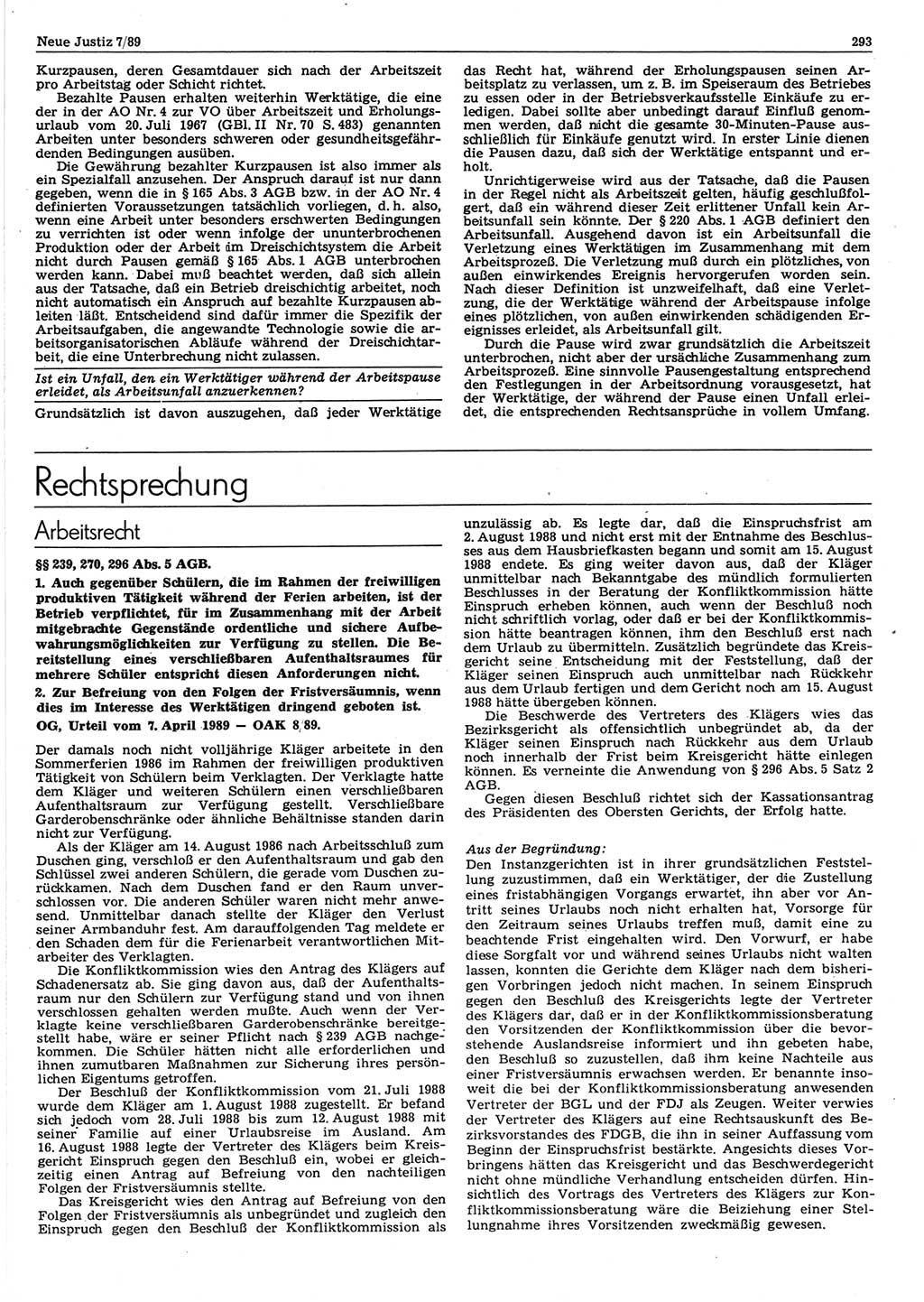 Neue Justiz (NJ), Zeitschrift für sozialistisches Recht und Gesetzlichkeit [Deutsche Demokratische Republik (DDR)], 43. Jahrgang 1989, Seite 293 (NJ DDR 1989, S. 293)
