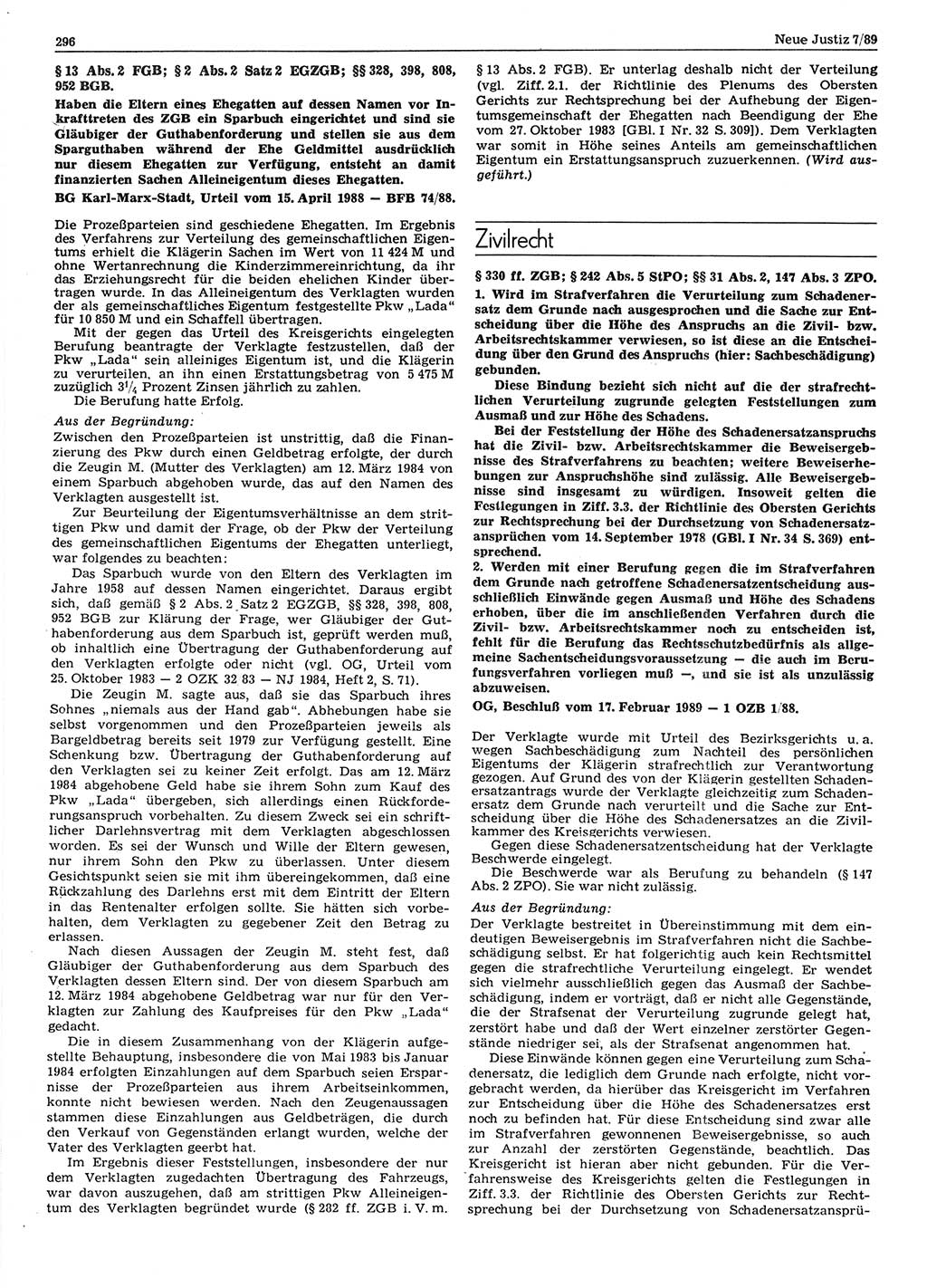 Neue Justiz (NJ), Zeitschrift für sozialistisches Recht und Gesetzlichkeit [Deutsche Demokratische Republik (DDR)], 43. Jahrgang 1989, Seite 296 (NJ DDR 1989, S. 296)