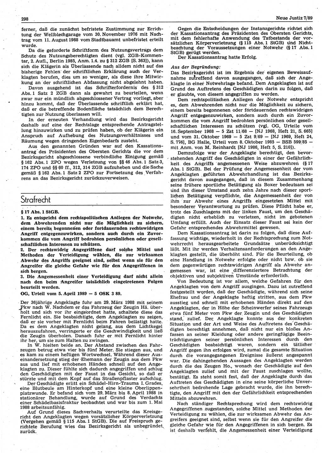 Neue Justiz (NJ), Zeitschrift für sozialistisches Recht und Gesetzlichkeit [Deutsche Demokratische Republik (DDR)], 43. Jahrgang 1989, Seite 298 (NJ DDR 1989, S. 298)