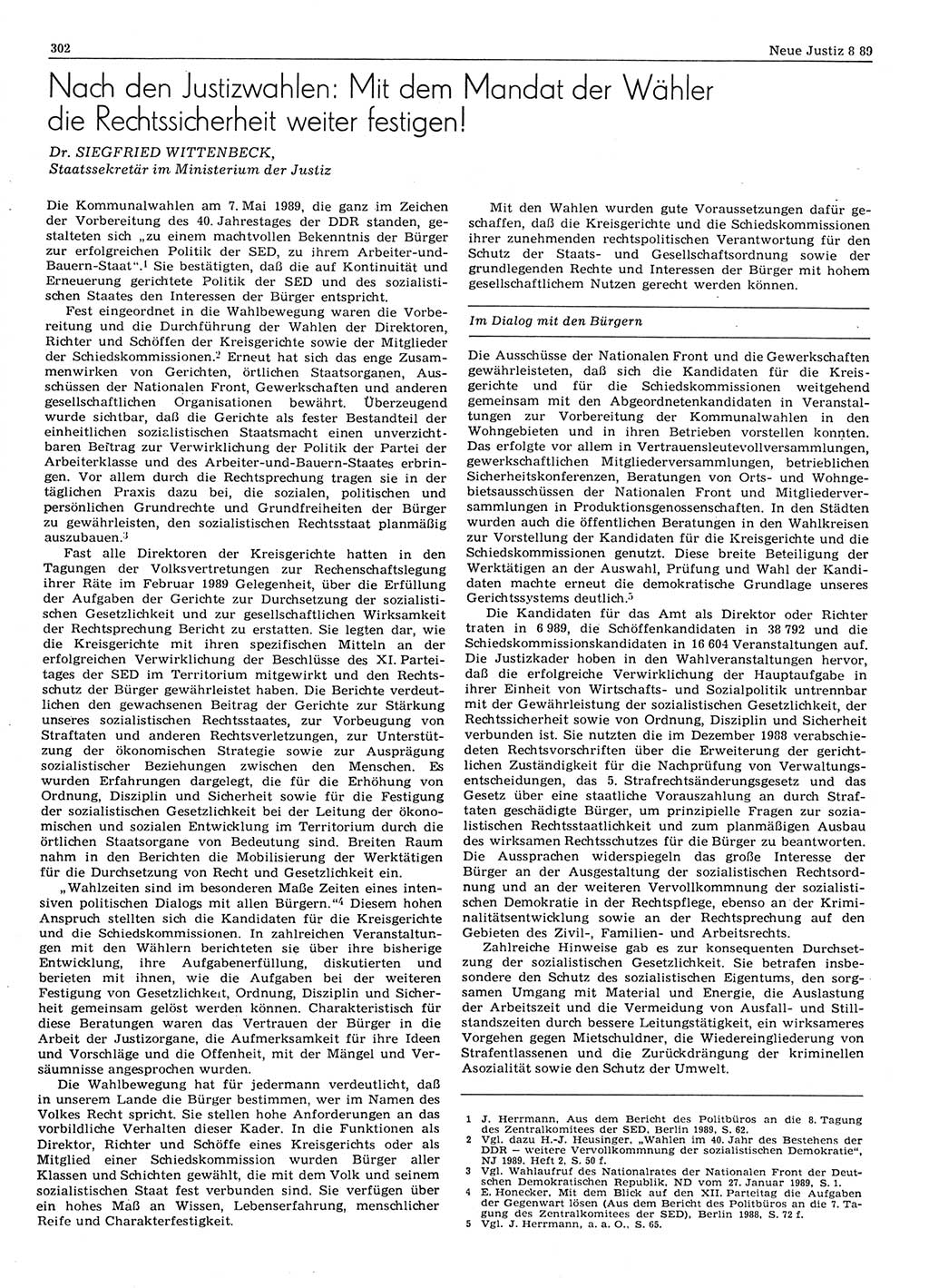 Neue Justiz (NJ), Zeitschrift für sozialistisches Recht und Gesetzlichkeit [Deutsche Demokratische Republik (DDR)], 43. Jahrgang 1989, Seite 302 (NJ DDR 1989, S. 302)