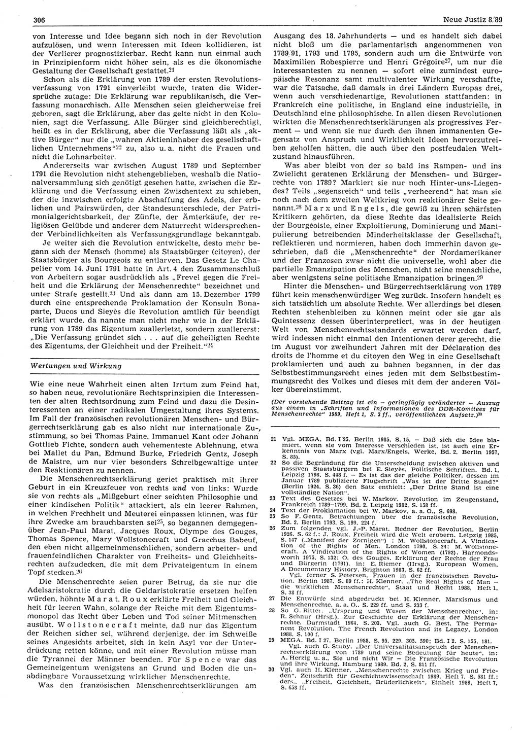 Neue Justiz (NJ), Zeitschrift für sozialistisches Recht und Gesetzlichkeit [Deutsche Demokratische Republik (DDR)], 43. Jahrgang 1989, Seite 306 (NJ DDR 1989, S. 306)
