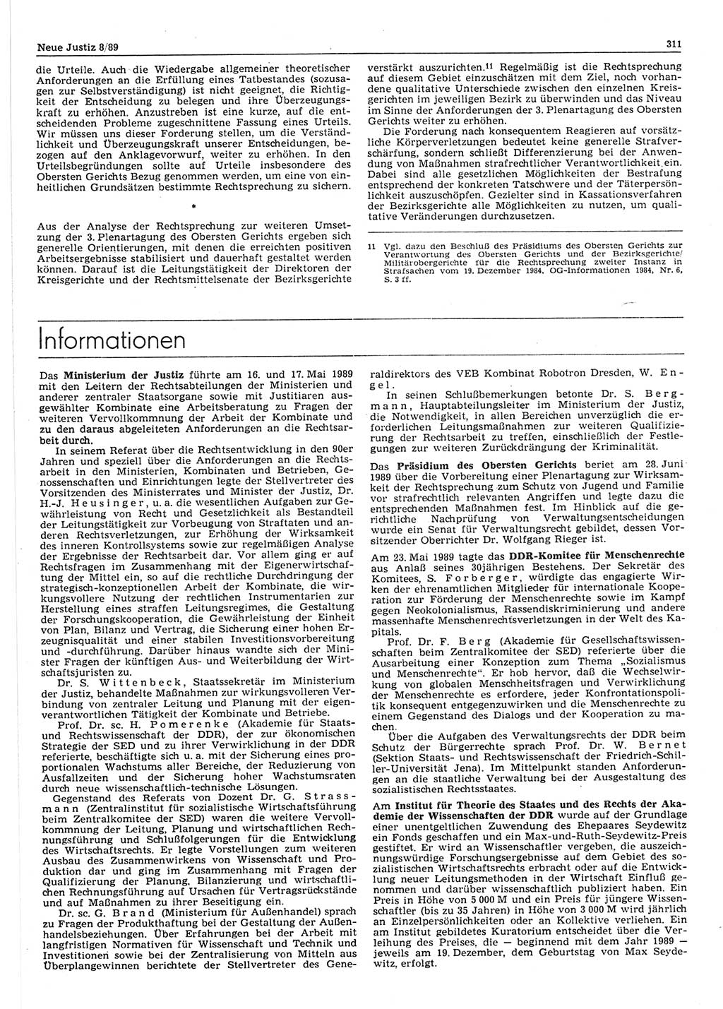 Neue Justiz (NJ), Zeitschrift für sozialistisches Recht und Gesetzlichkeit [Deutsche Demokratische Republik (DDR)], 43. Jahrgang 1989, Seite 311 (NJ DDR 1989, S. 311)