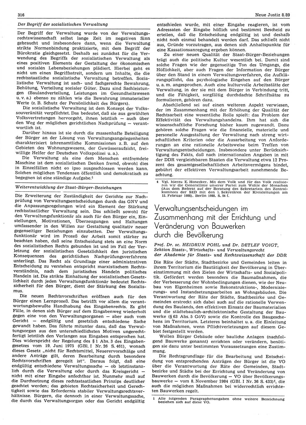 Neue Justiz (NJ), Zeitschrift für sozialistisches Recht und Gesetzlichkeit [Deutsche Demokratische Republik (DDR)], 43. Jahrgang 1989, Seite 316 (NJ DDR 1989, S. 316)