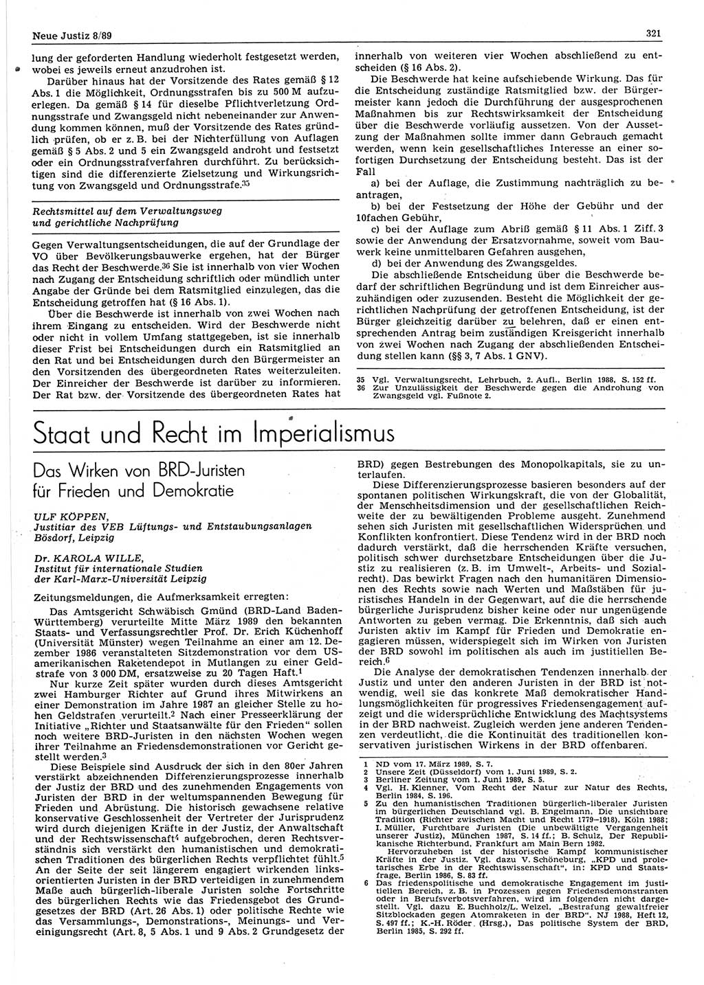 Neue Justiz (NJ), Zeitschrift für sozialistisches Recht und Gesetzlichkeit [Deutsche Demokratische Republik (DDR)], 43. Jahrgang 1989, Seite 321 (NJ DDR 1989, S. 321)