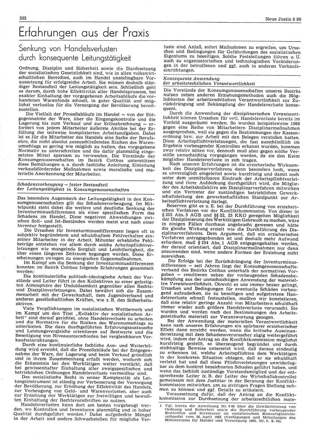 Neue Justiz (NJ), Zeitschrift für sozialistisches Recht und Gesetzlichkeit [Deutsche Demokratische Republik (DDR)], 43. Jahrgang 1989, Seite 332 (NJ DDR 1989, S. 332)