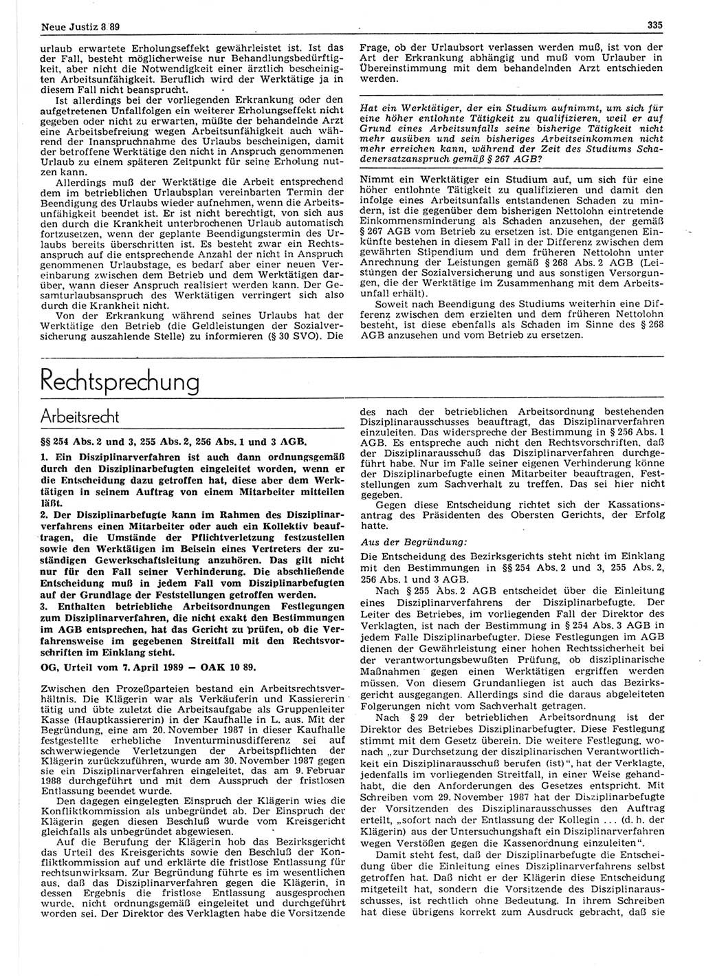 Neue Justiz (NJ), Zeitschrift für sozialistisches Recht und Gesetzlichkeit [Deutsche Demokratische Republik (DDR)], 43. Jahrgang 1989, Seite 335 (NJ DDR 1989, S. 335)