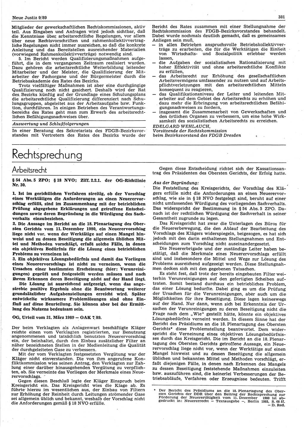 Neue Justiz (NJ), Zeitschrift für sozialistisches Recht und Gesetzlichkeit [Deutsche Demokratische Republik (DDR)], 43. Jahrgang 1989, Seite 381 (NJ DDR 1989, S. 381)