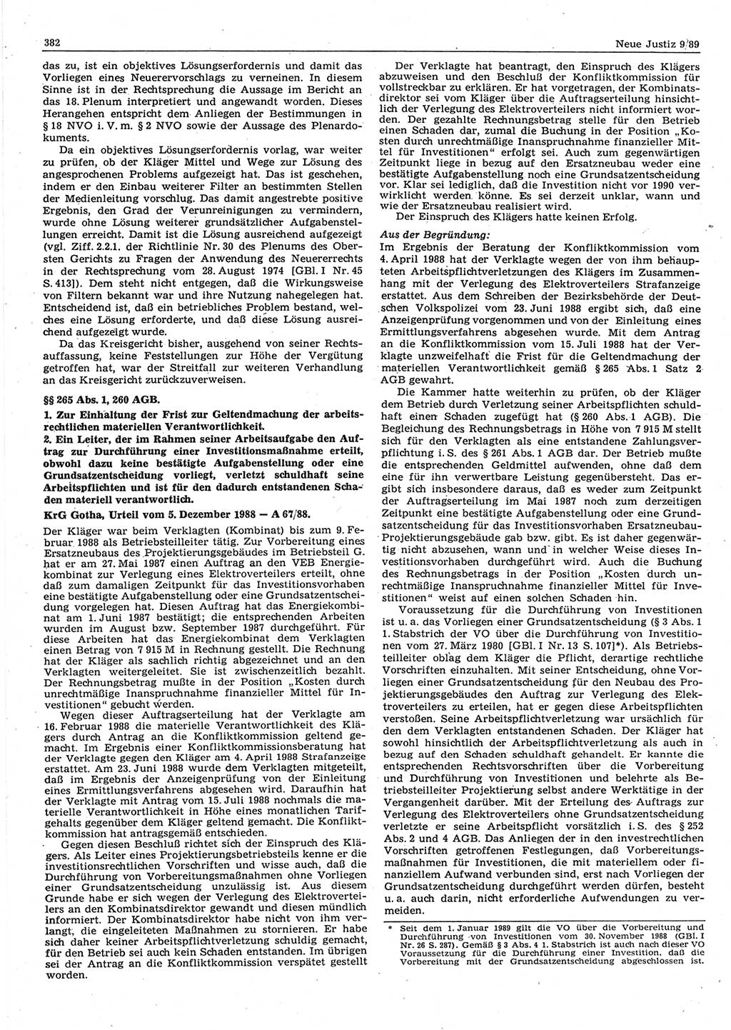 Neue Justiz (NJ), Zeitschrift für sozialistisches Recht und Gesetzlichkeit [Deutsche Demokratische Republik (DDR)], 43. Jahrgang 1989, Seite 382 (NJ DDR 1989, S. 382)