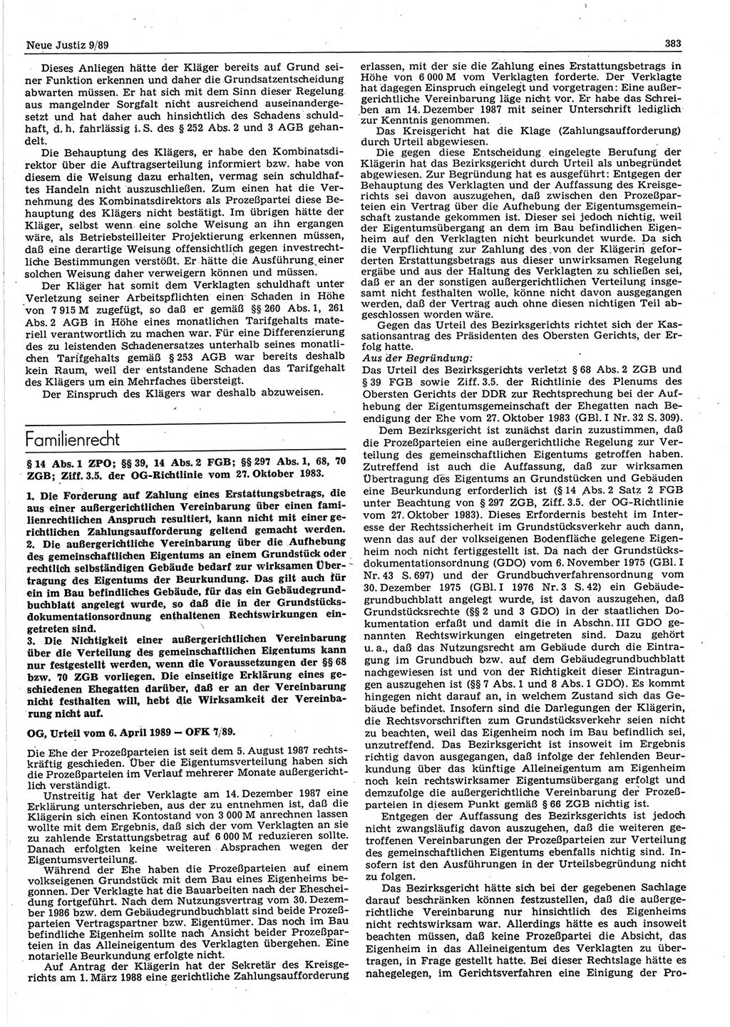 Neue Justiz (NJ), Zeitschrift für sozialistisches Recht und Gesetzlichkeit [Deutsche Demokratische Republik (DDR)], 43. Jahrgang 1989, Seite 383 (NJ DDR 1989, S. 383)