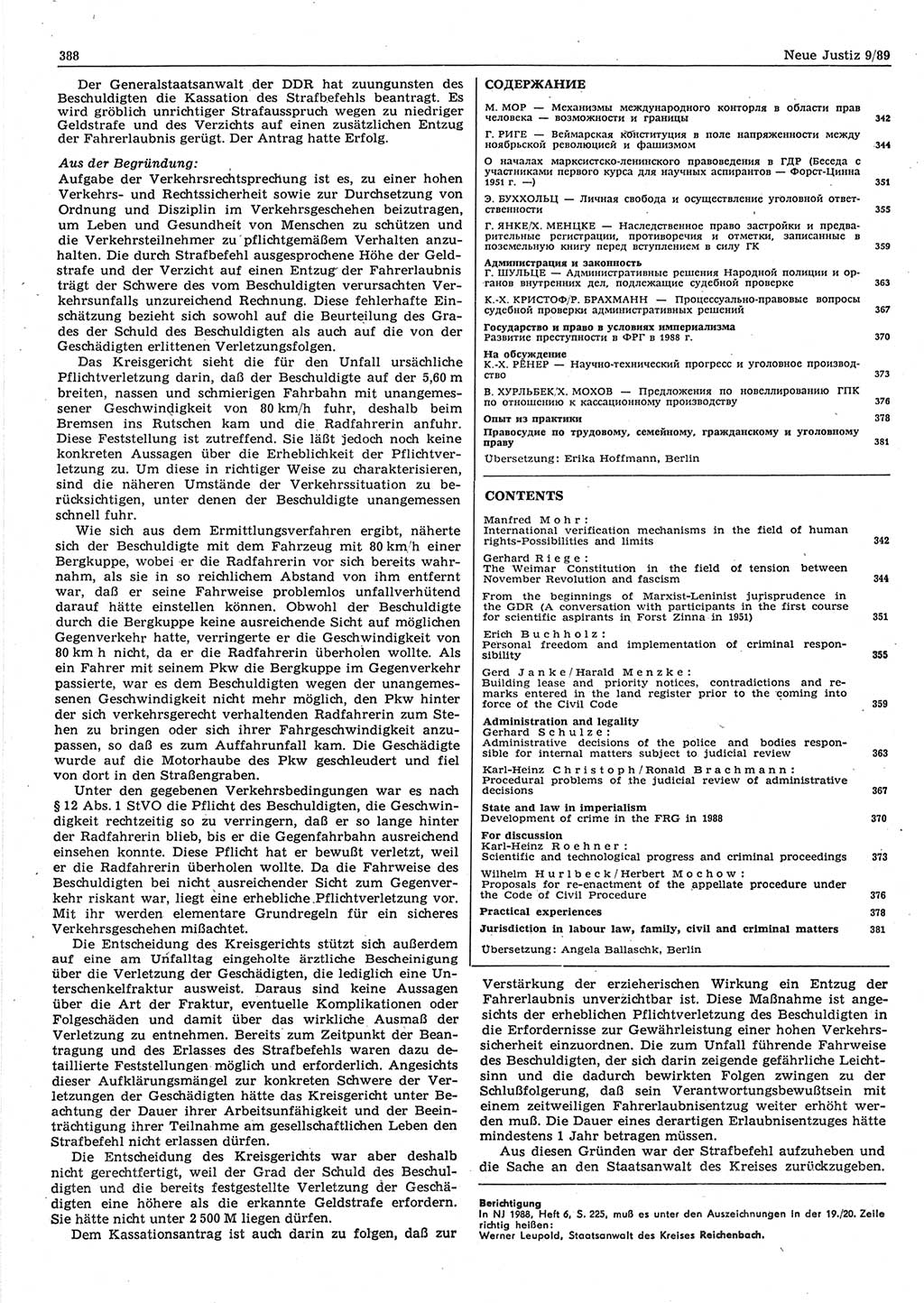 Neue Justiz (NJ), Zeitschrift für sozialistisches Recht und Gesetzlichkeit [Deutsche Demokratische Republik (DDR)], 43. Jahrgang 1989, Seite 388 (NJ DDR 1989, S. 388)