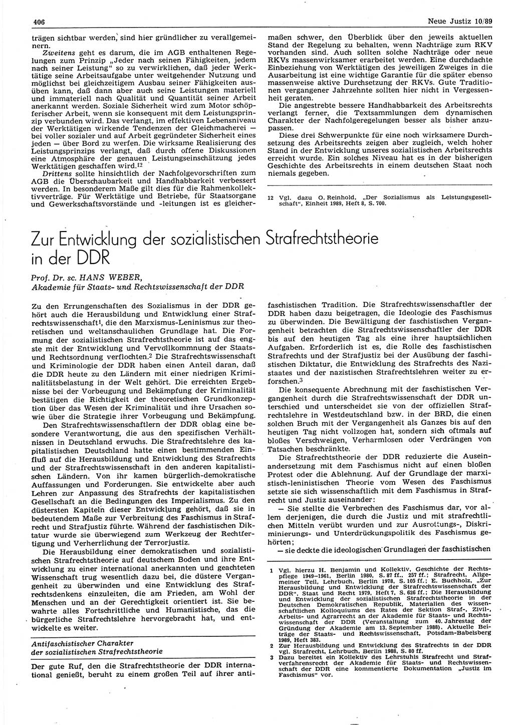 Neue Justiz (NJ), Zeitschrift für sozialistisches Recht und Gesetzlichkeit [Deutsche Demokratische Republik (DDR)], 43. Jahrgang 1989, Seite 406 (NJ DDR 1989, S. 406)