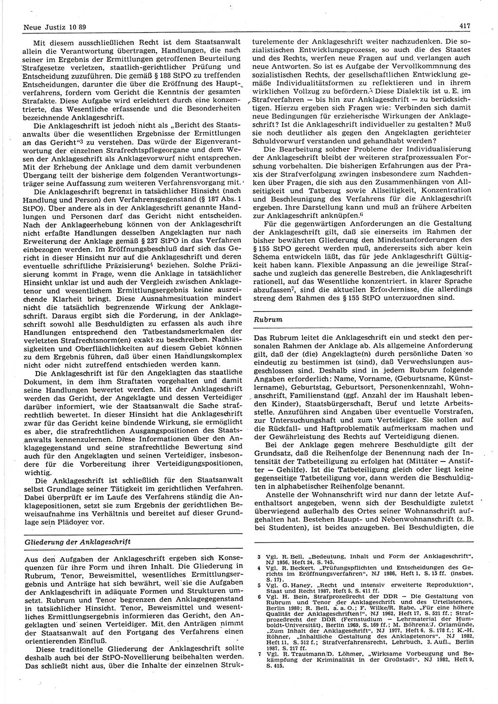 Neue Justiz (NJ), Zeitschrift für sozialistisches Recht und Gesetzlichkeit [Deutsche Demokratische Republik (DDR)], 43. Jahrgang 1989, Seite 417 (NJ DDR 1989, S. 417)