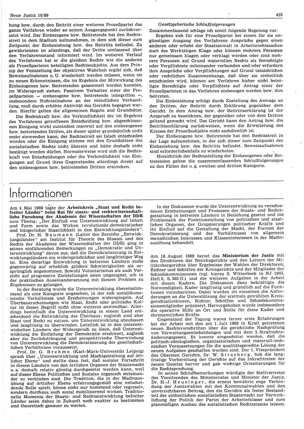 Neue Justiz (NJ), Zeitschrift für sozialistisches Recht und Gesetzlichkeit [Deutsche Demokratische Republik (DDR)], 43. Jahrgang 1989, Seite 425 (NJ DDR 1989, S. 425)