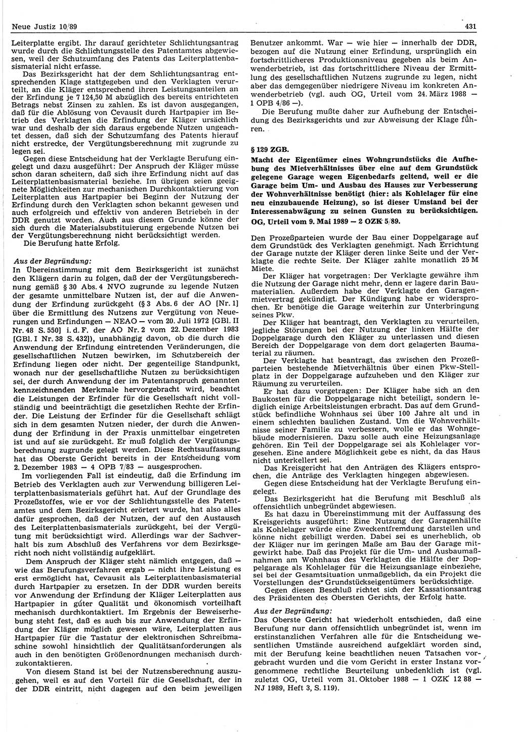 Neue Justiz (NJ), Zeitschrift für sozialistisches Recht und Gesetzlichkeit [Deutsche Demokratische Republik (DDR)], 43. Jahrgang 1989, Seite 431 (NJ DDR 1989, S. 431)