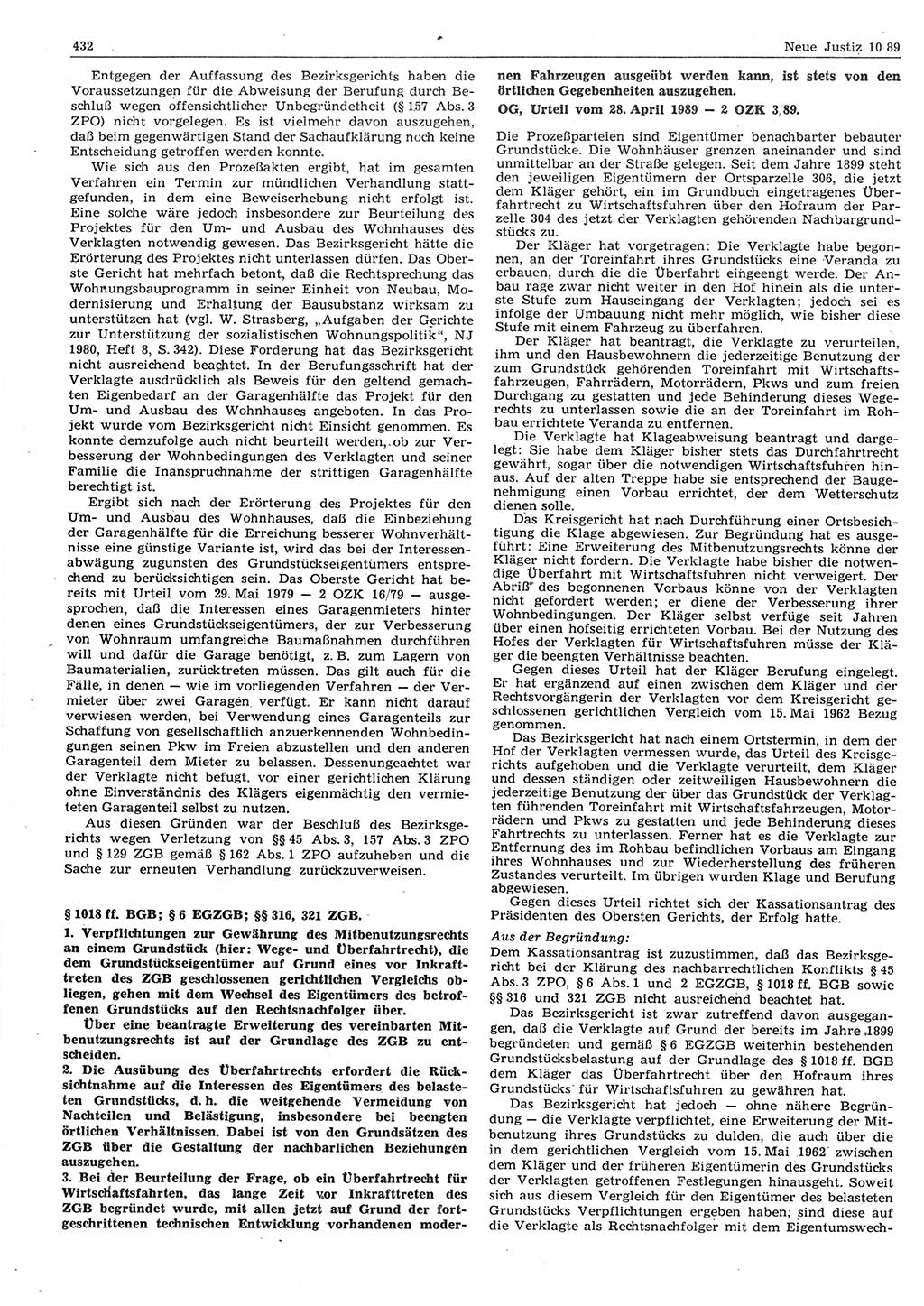 Neue Justiz (NJ), Zeitschrift für sozialistisches Recht und Gesetzlichkeit [Deutsche Demokratische Republik (DDR)], 43. Jahrgang 1989, Seite 432 (NJ DDR 1989, S. 432)