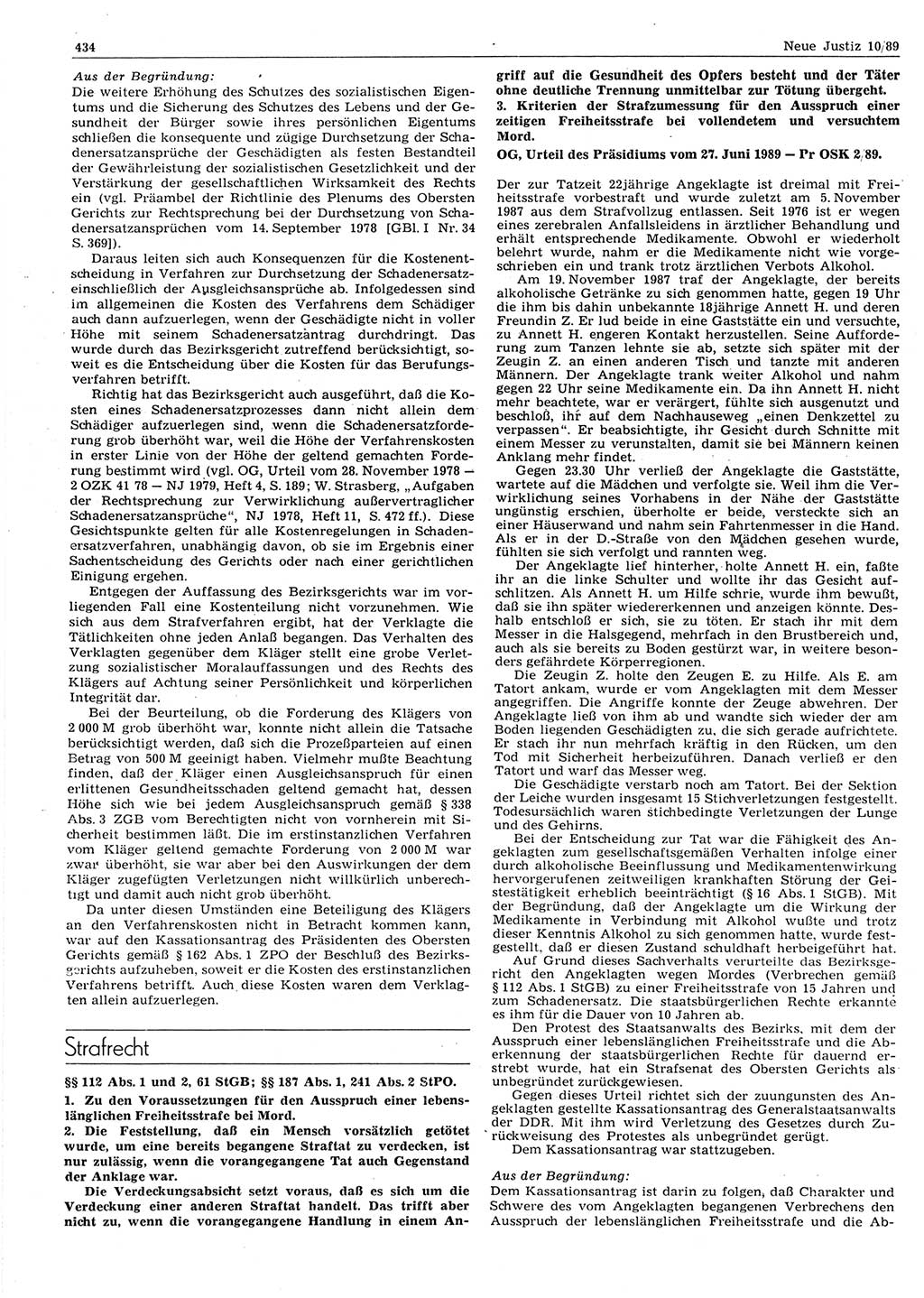 Neue Justiz (NJ), Zeitschrift für sozialistisches Recht und Gesetzlichkeit [Deutsche Demokratische Republik (DDR)], 43. Jahrgang 1989, Seite 434 (NJ DDR 1989, S. 434)
