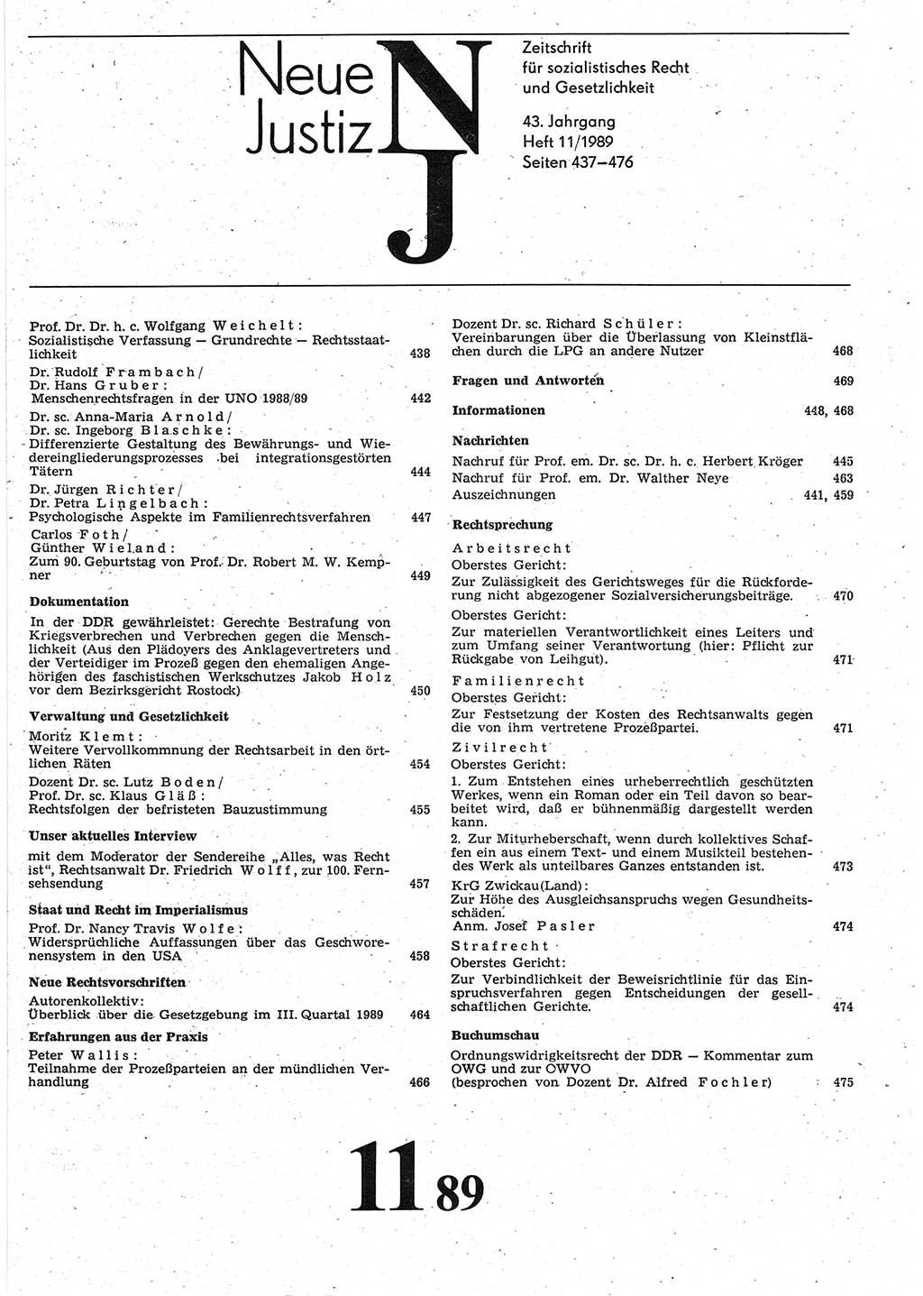 Neue Justiz (NJ), Zeitschrift für sozialistisches Recht und Gesetzlichkeit [Deutsche Demokratische Republik (DDR)], 43. Jahrgang 1989, Seite 437 (NJ DDR 1989, S. 437)