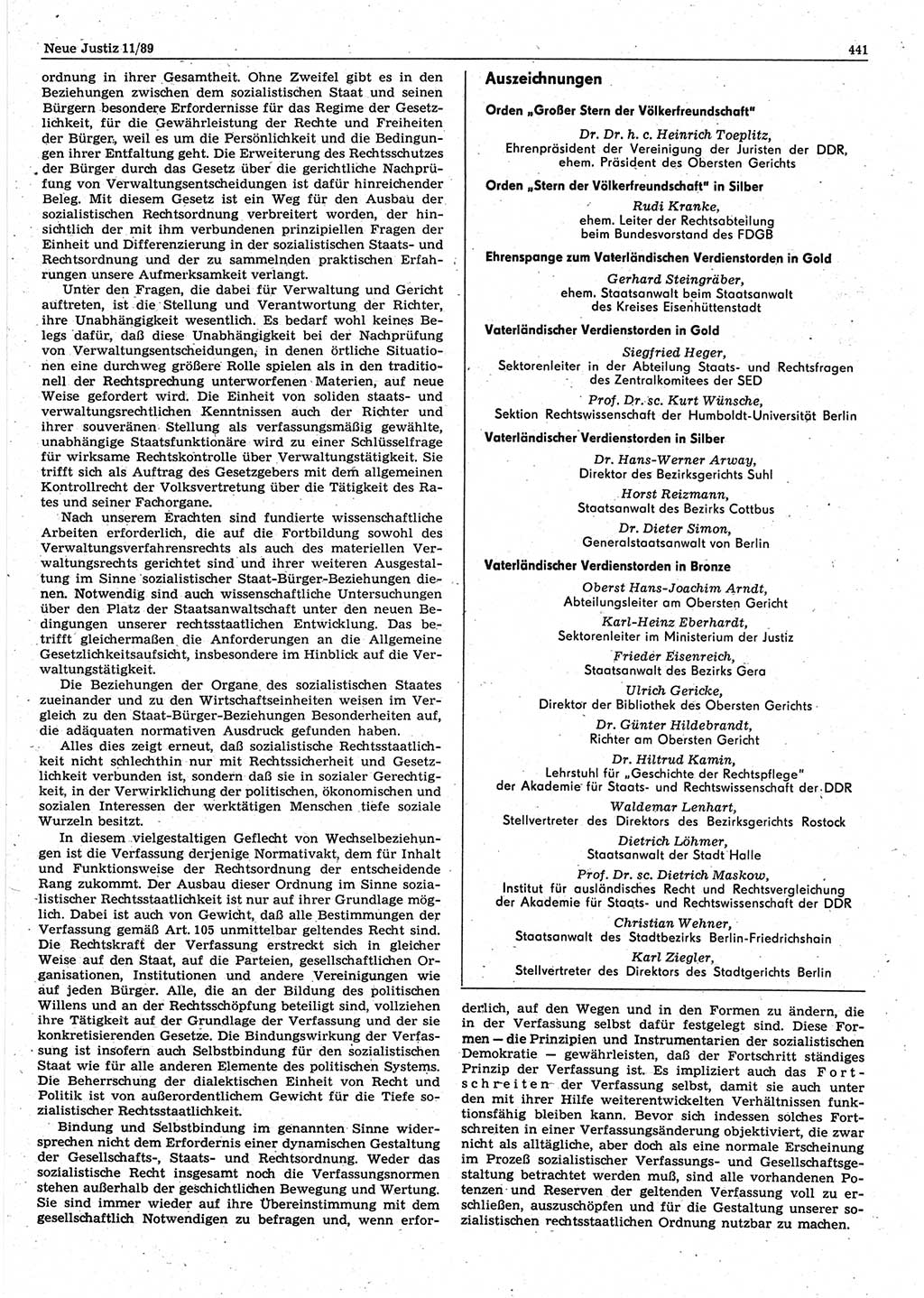 Neue Justiz (NJ), Zeitschrift für sozialistisches Recht und Gesetzlichkeit [Deutsche Demokratische Republik (DDR)], 43. Jahrgang 1989, Seite 441 (NJ DDR 1989, S. 441)