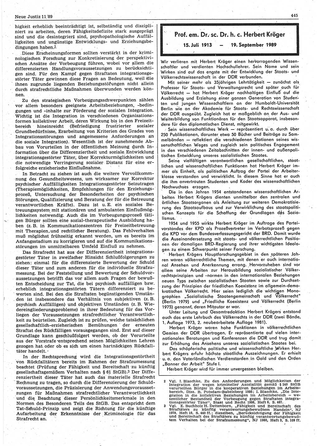 Neue Justiz (NJ), Zeitschrift für sozialistisches Recht und Gesetzlichkeit [Deutsche Demokratische Republik (DDR)], 43. Jahrgang 1989, Seite 445 (NJ DDR 1989, S. 445)