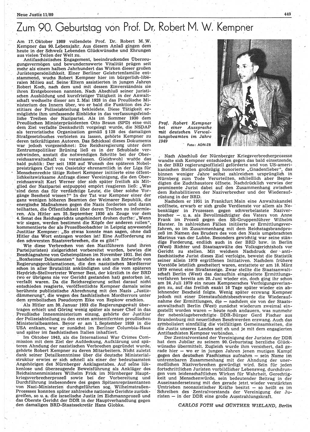 Neue Justiz (NJ), Zeitschrift für sozialistisches Recht und Gesetzlichkeit [Deutsche Demokratische Republik (DDR)], 43. Jahrgang 1989, Seite 449 (NJ DDR 1989, S. 449)