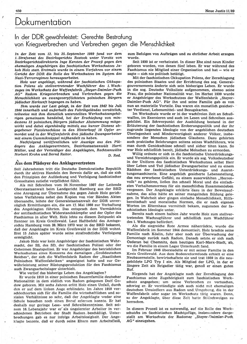 Neue Justiz (NJ), Zeitschrift für sozialistisches Recht und Gesetzlichkeit [Deutsche Demokratische Republik (DDR)], 43. Jahrgang 1989, Seite 450 (NJ DDR 1989, S. 450)