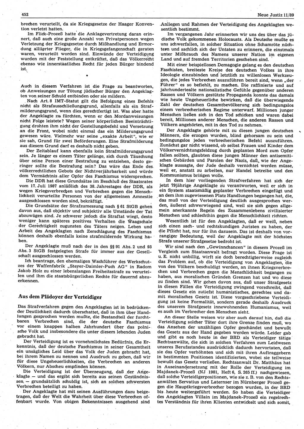 Neue Justiz (NJ), Zeitschrift für sozialistisches Recht und Gesetzlichkeit [Deutsche Demokratische Republik (DDR)], 43. Jahrgang 1989, Seite 452 (NJ DDR 1989, S. 452)
