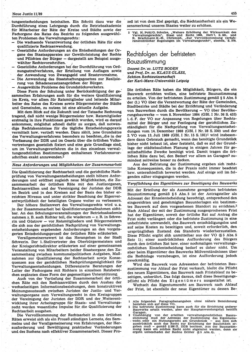 Neue Justiz (NJ), Zeitschrift für sozialistisches Recht und Gesetzlichkeit [Deutsche Demokratische Republik (DDR)], 43. Jahrgang 1989, Seite 455 (NJ DDR 1989, S. 455)