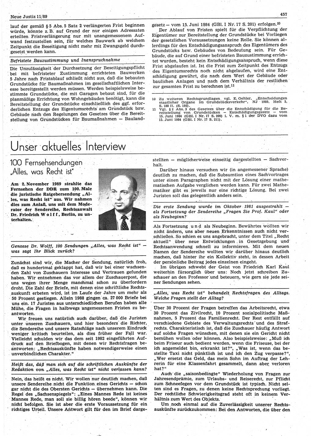 Neue Justiz (NJ), Zeitschrift für sozialistisches Recht und Gesetzlichkeit [Deutsche Demokratische Republik (DDR)], 43. Jahrgang 1989, Seite 457 (NJ DDR 1989, S. 457)