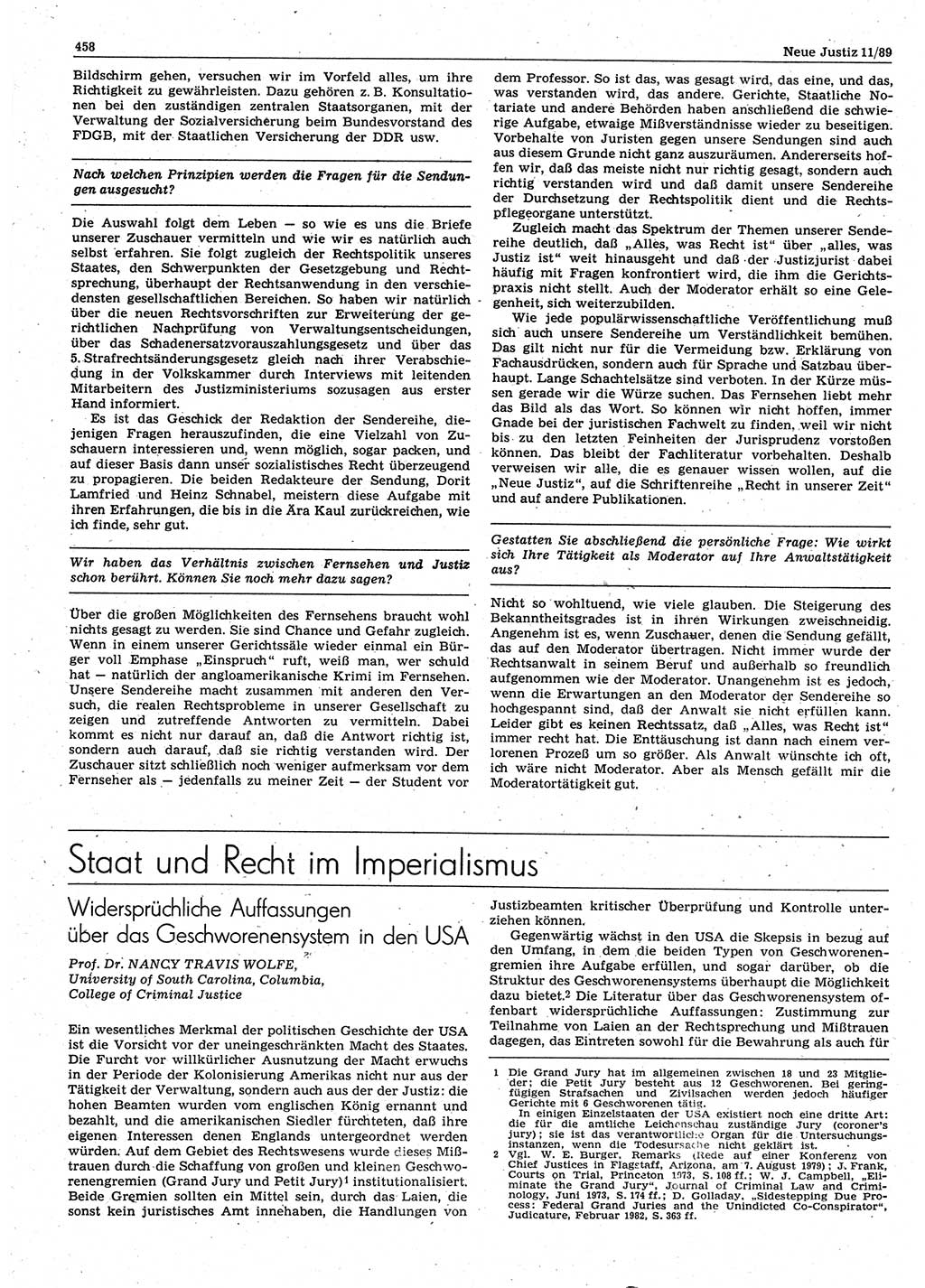 Neue Justiz (NJ), Zeitschrift für sozialistisches Recht und Gesetzlichkeit [Deutsche Demokratische Republik (DDR)], 43. Jahrgang 1989, Seite 458 (NJ DDR 1989, S. 458)
