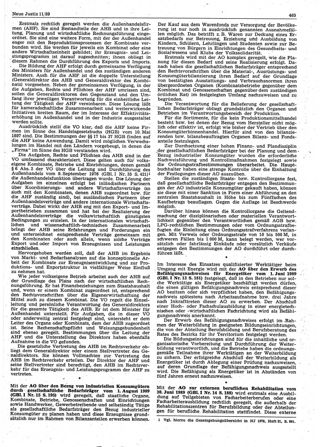 Neue Justiz (NJ), Zeitschrift für sozialistisches Recht und Gesetzlichkeit [Deutsche Demokratische Republik (DDR)], 43. Jahrgang 1989, Seite 465 (NJ DDR 1989, S. 465)