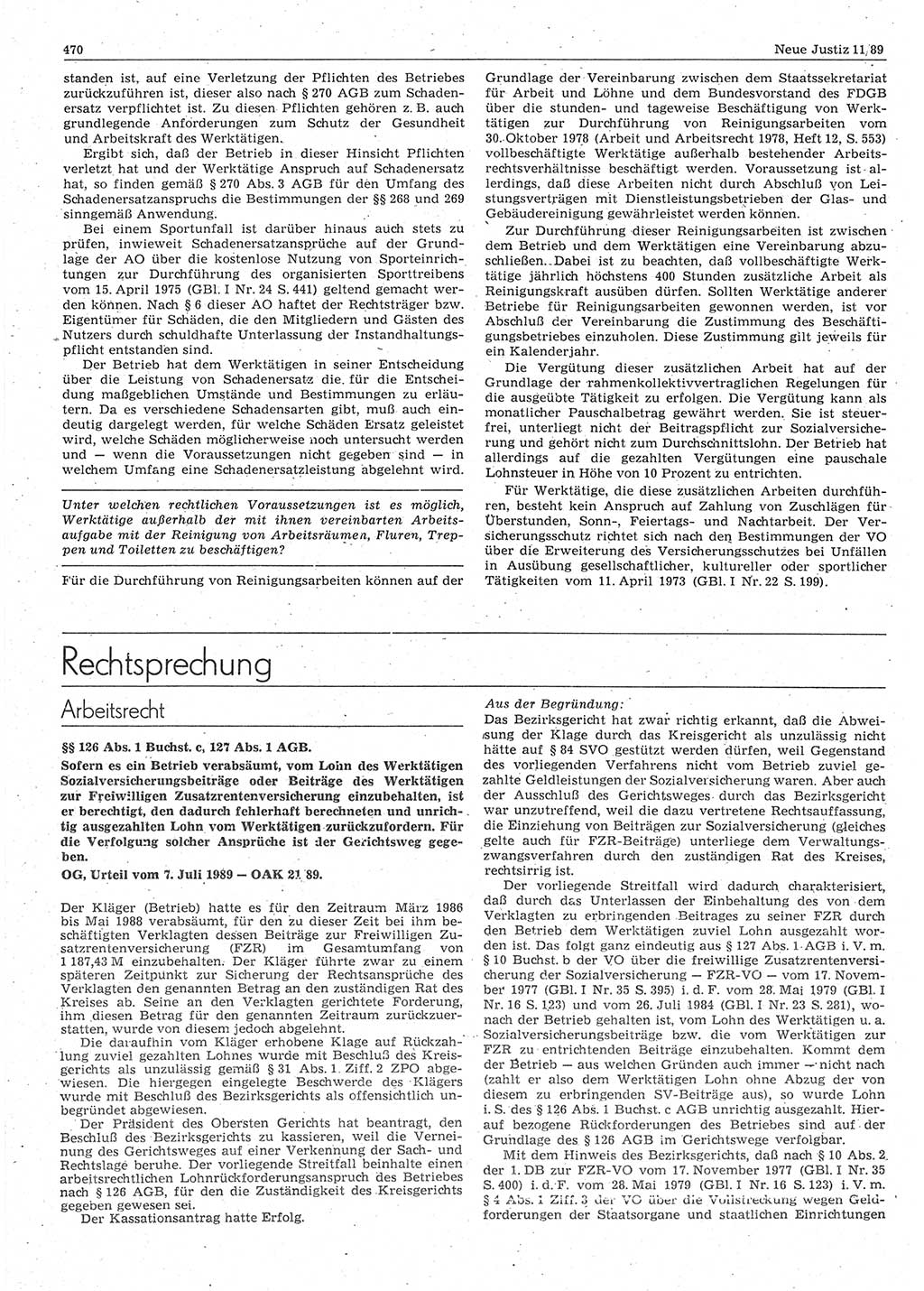 Neue Justiz (NJ), Zeitschrift für sozialistisches Recht und Gesetzlichkeit [Deutsche Demokratische Republik (DDR)], 43. Jahrgang 1989, Seite 470 (NJ DDR 1989, S. 470)