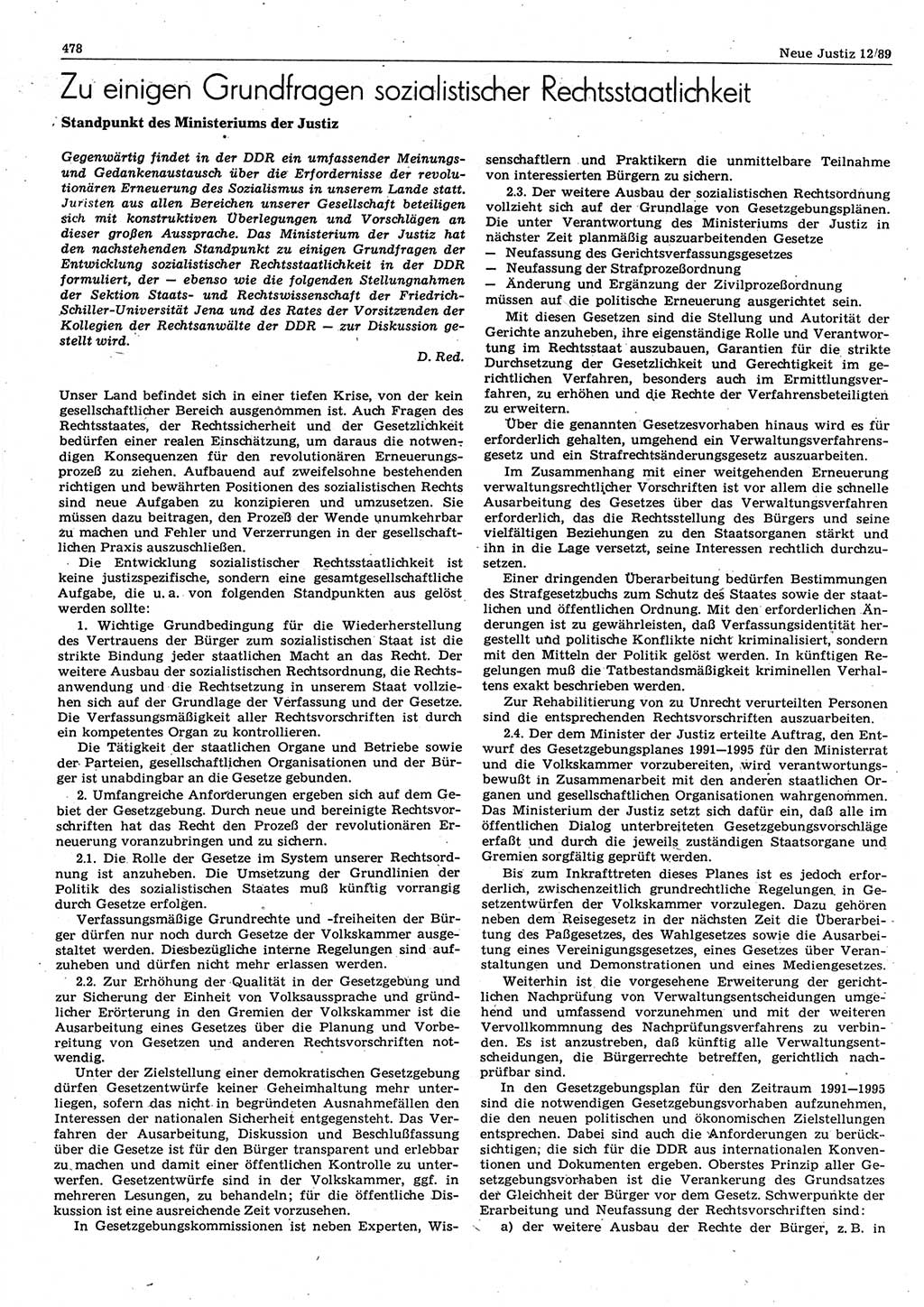 Neue Justiz (NJ), Zeitschrift für sozialistisches Recht und Gesetzlichkeit [Deutsche Demokratische Republik (DDR)], 43. Jahrgang 1989, Seite 478 (NJ DDR 1989, S. 478)