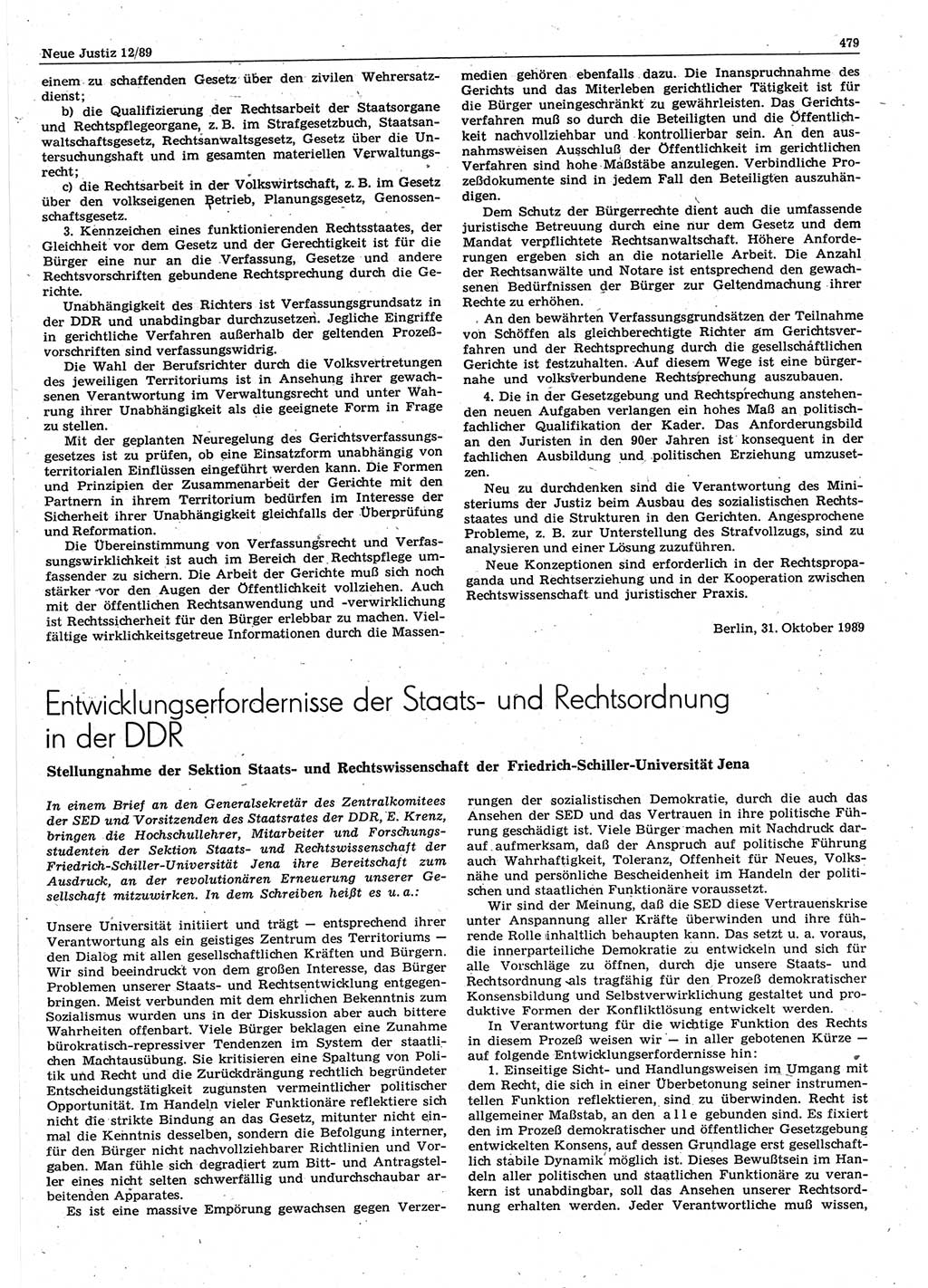 Neue Justiz (NJ), Zeitschrift für sozialistisches Recht und Gesetzlichkeit [Deutsche Demokratische Republik (DDR)], 43. Jahrgang 1989, Seite 479 (NJ DDR 1989, S. 479)