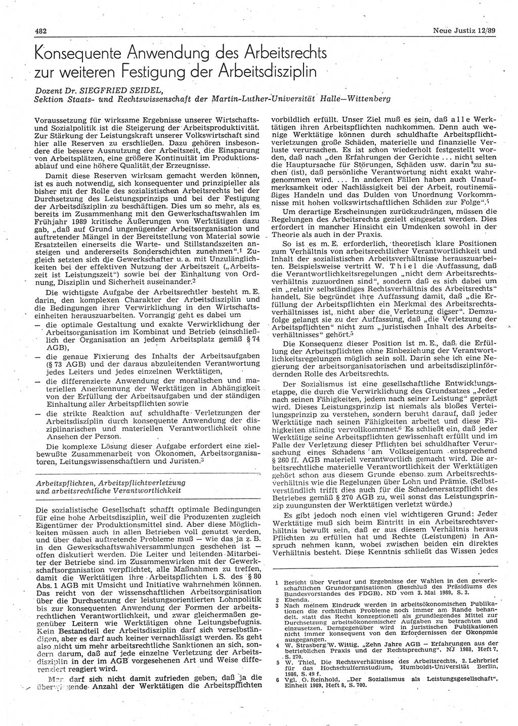 Neue Justiz (NJ), Zeitschrift für sozialistisches Recht und Gesetzlichkeit [Deutsche Demokratische Republik (DDR)], 43. Jahrgang 1989, Seite 482 (NJ DDR 1989, S. 482)