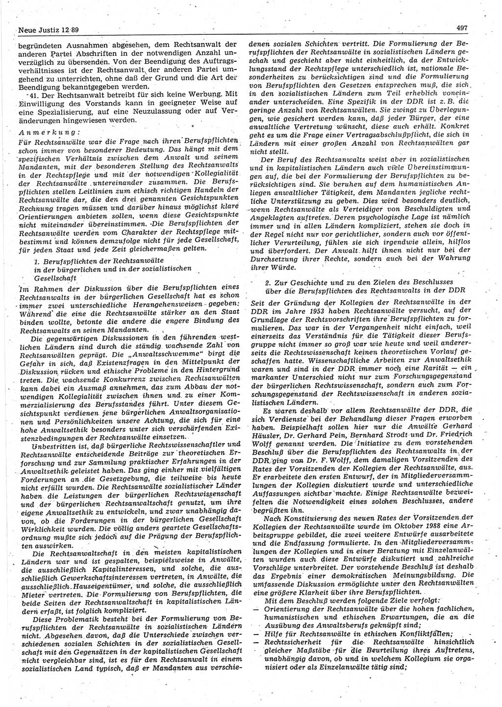 Neue Justiz (NJ), Zeitschrift für sozialistisches Recht und Gesetzlichkeit [Deutsche Demokratische Republik (DDR)], 43. Jahrgang 1989, Seite 497 (NJ DDR 1989, S. 497)