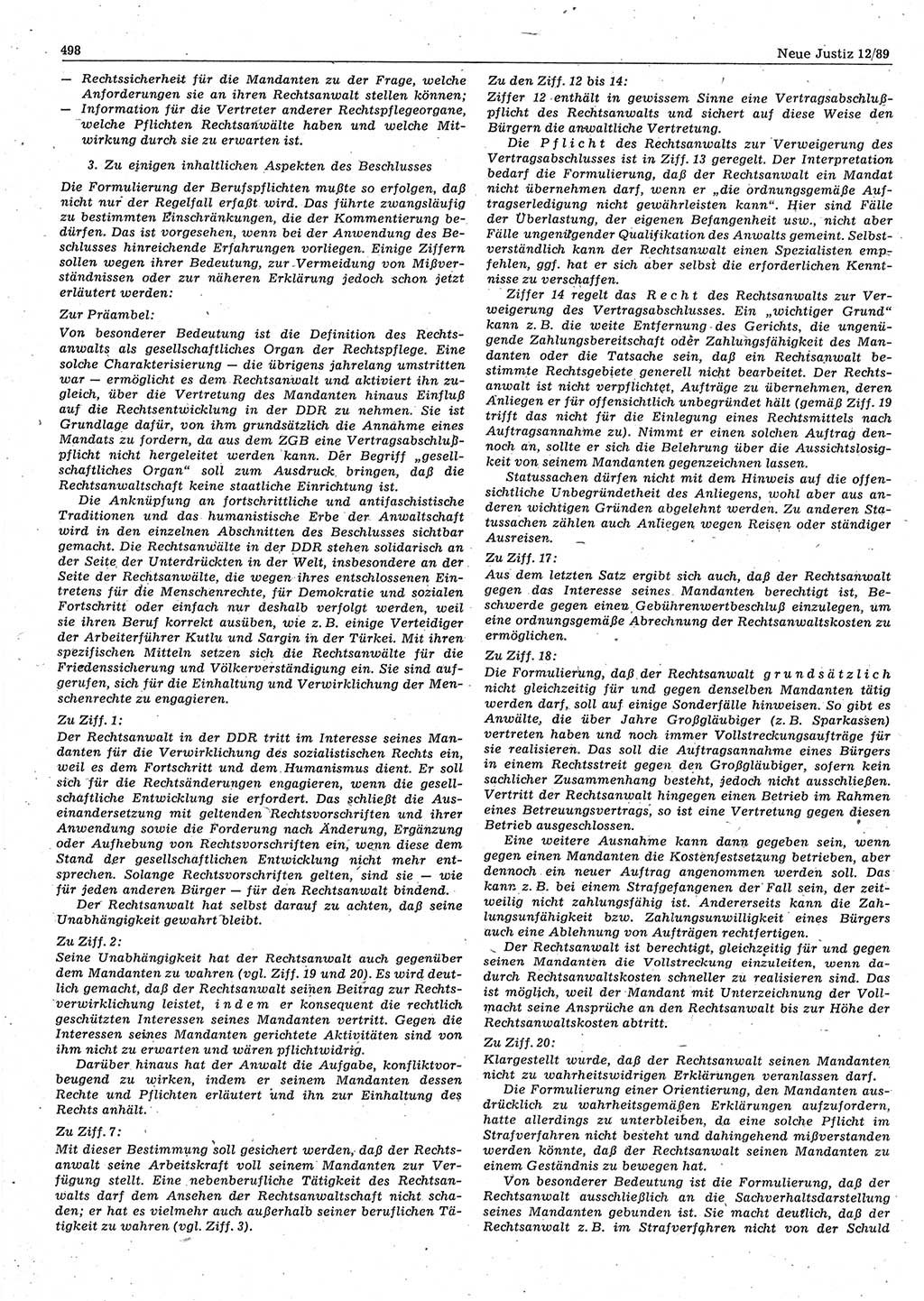 Neue Justiz (NJ), Zeitschrift für sozialistisches Recht und Gesetzlichkeit [Deutsche Demokratische Republik (DDR)], 43. Jahrgang 1989, Seite 498 (NJ DDR 1989, S. 498)